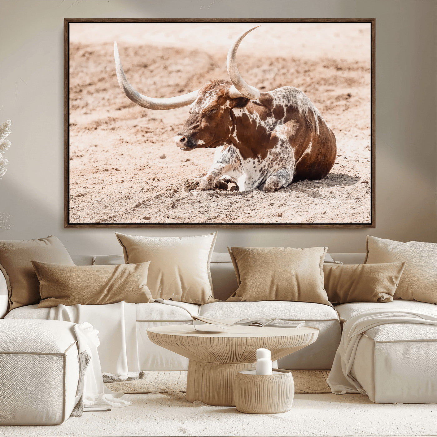 MGV-FC-36X24 - Texas Longhorn Wall Art Canvas Print, Framed Resting Bull Art Picture Print, Spotted Cattle Perfect Rustic Western Decor Artwork