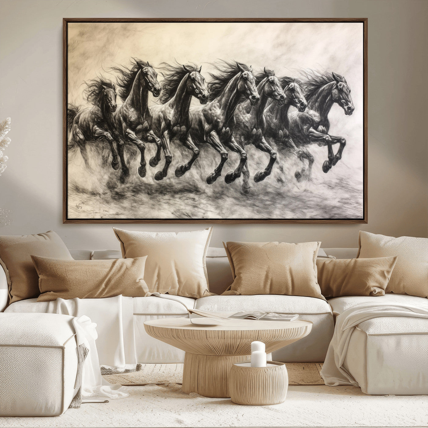 MGV-FC-36X24 - Galloping Horses Wall Art Canvas Print, Framed Wild Stallions Art Picture Print, Horse Herd Sketch Perfect Monochrome Dynamic Decor Artwork