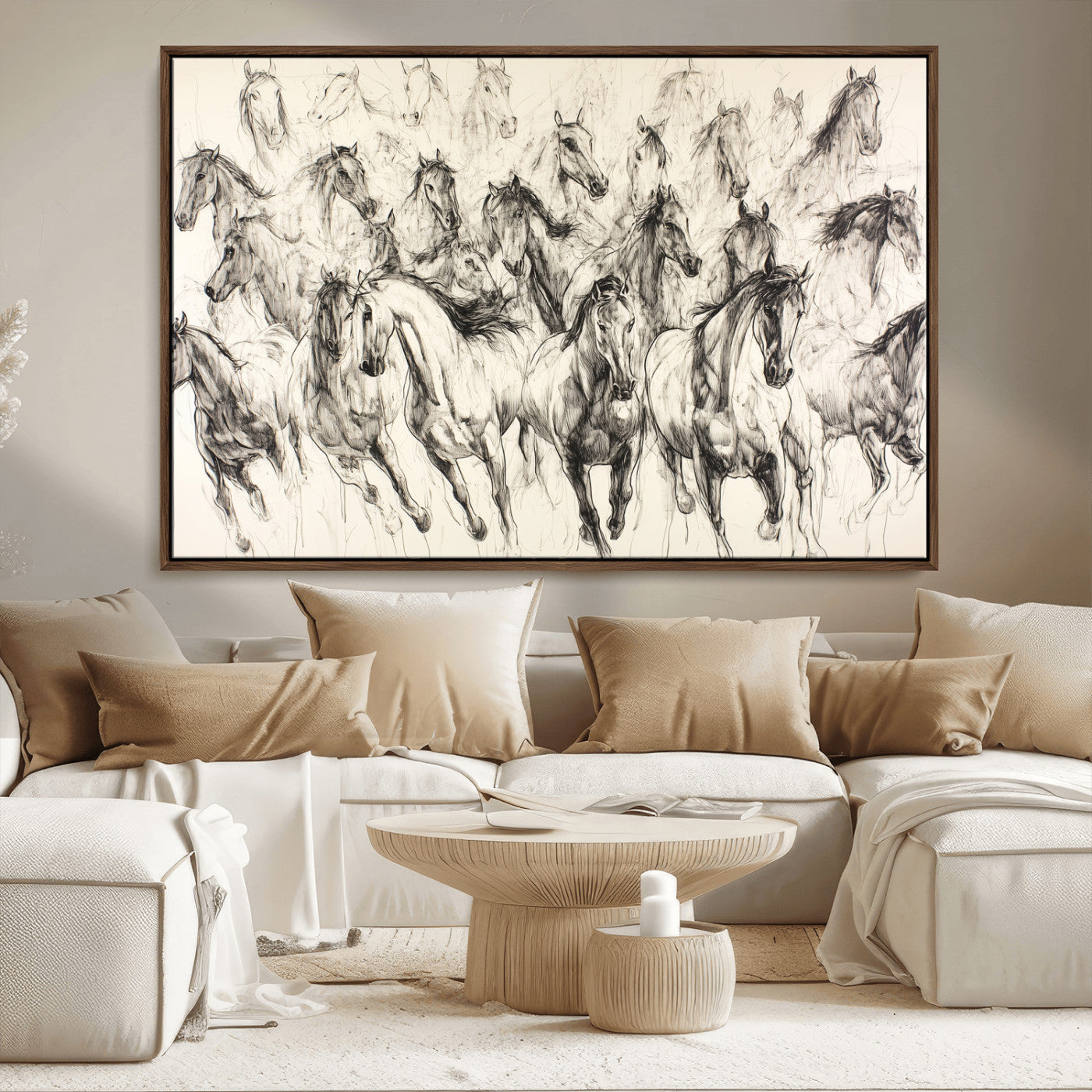 MGV-FC-36X24 - Running Horses Wall Art Canvas Print, Framed Horse Sketch Art Picture Print, Galloping Herd Perfect Monochrome Western Decor Artwork