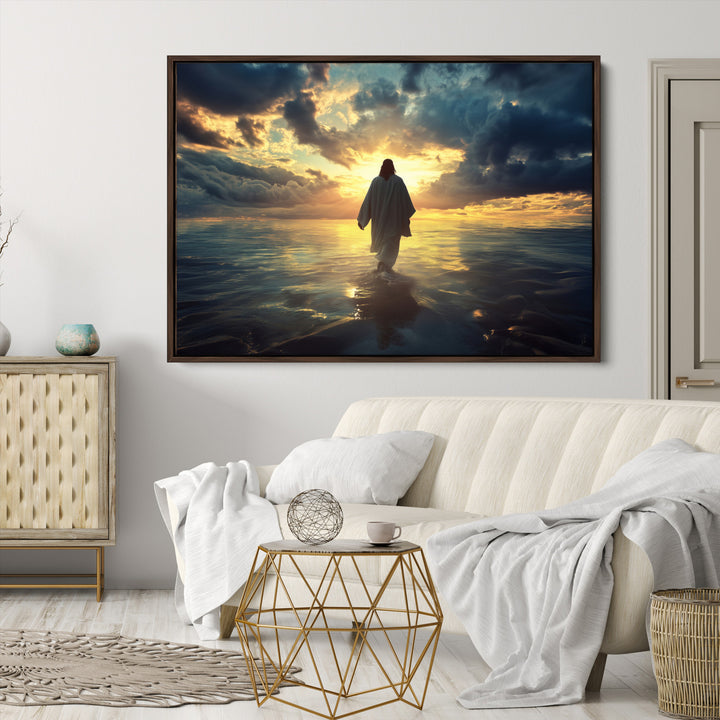Jesus Walks Wall Art Canvas Print, Framed Divine Sunset Art Picture Print, Spiritual Light Perfect Spiritual Tranquil Decor Artwork