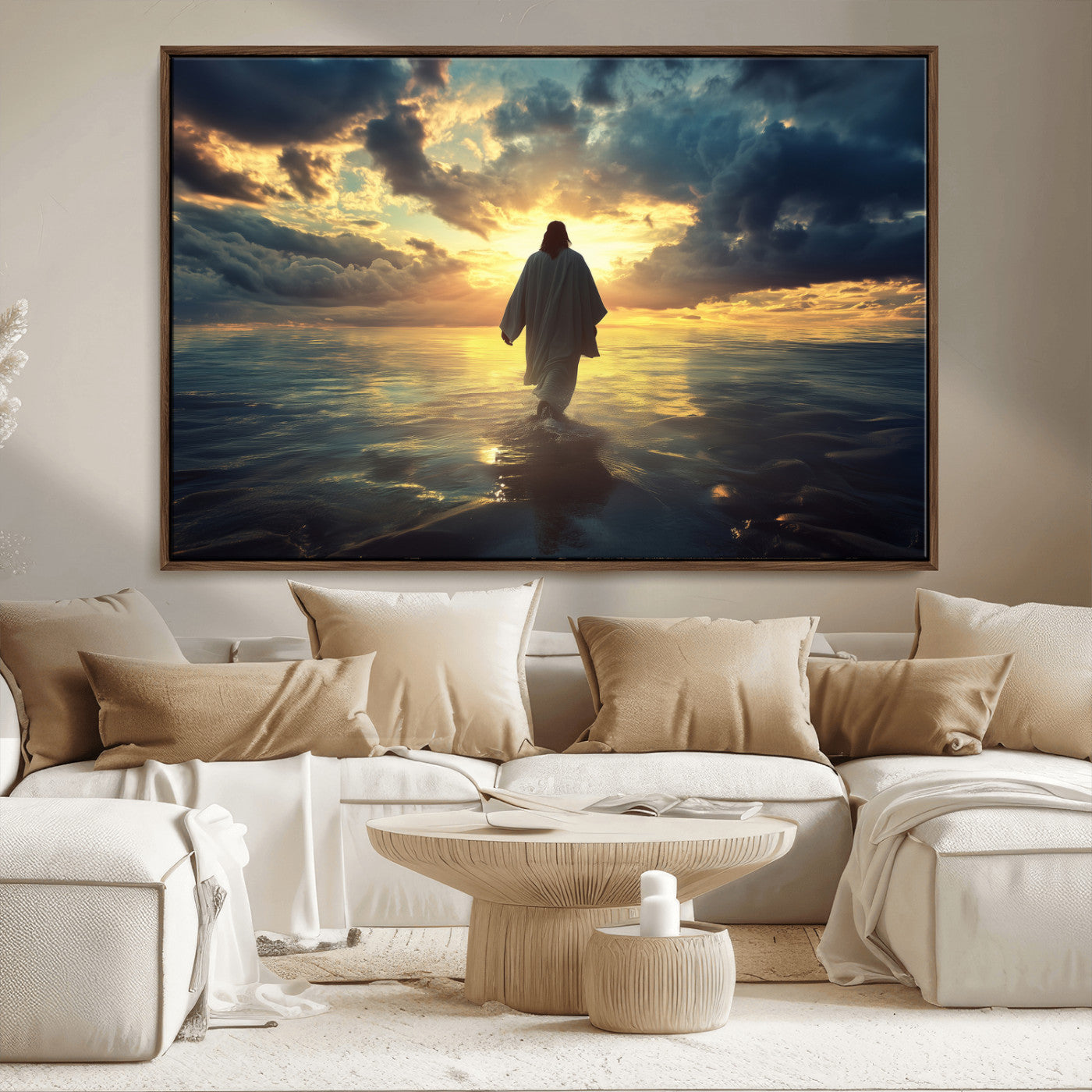 MGV-FC-36X24 - Jesus Walks Wall Art Canvas Print, Framed Divine Sunset Art Picture Print, Spiritual Light Perfect Spiritual Tranquil Decor Artwork