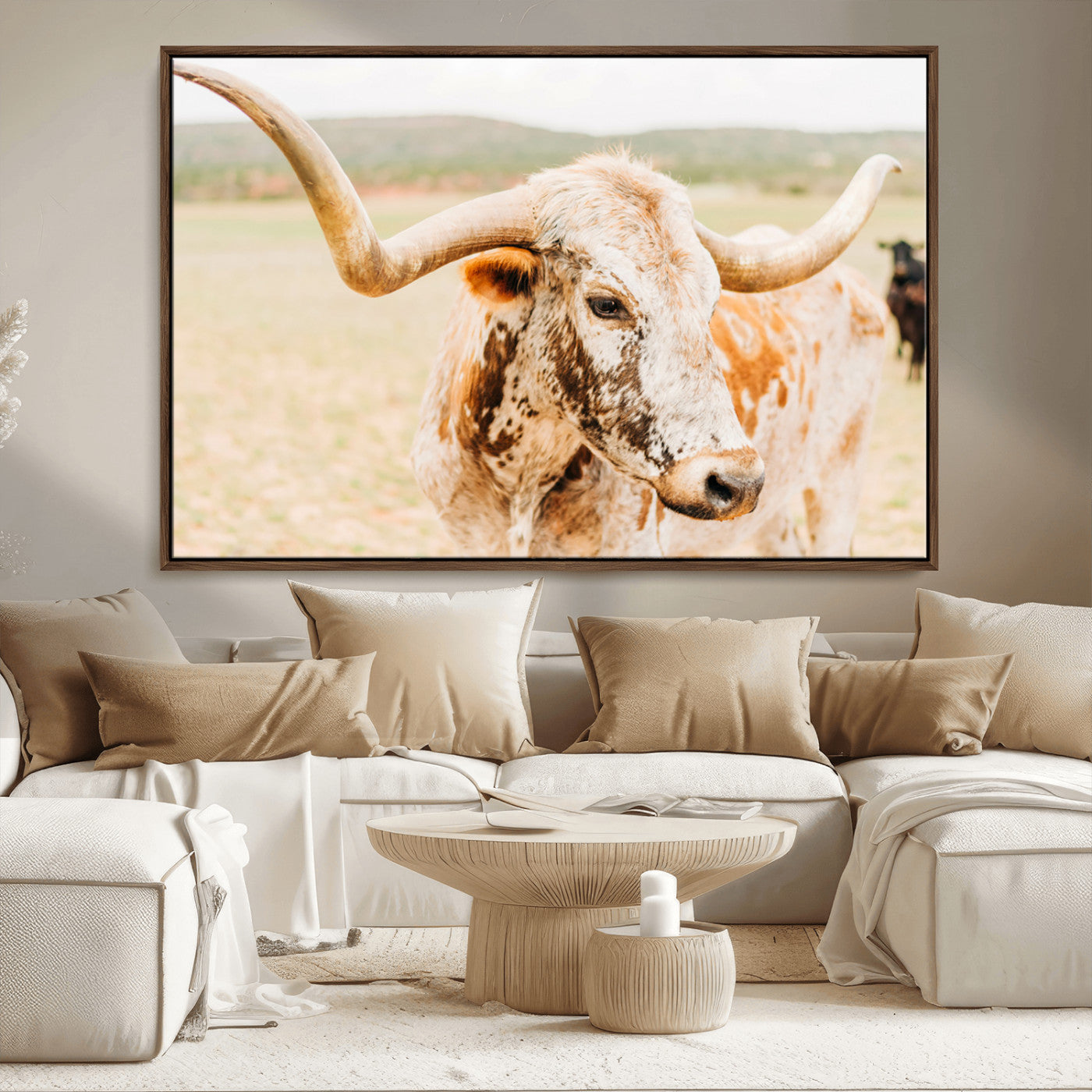 MGV-FC-36X24 - Texas Longhorn Wall Art Canvas Print, Framed Speckled Cow Art Picture Print, Rustic Bull Perfect Rustic Western Decor Artwork