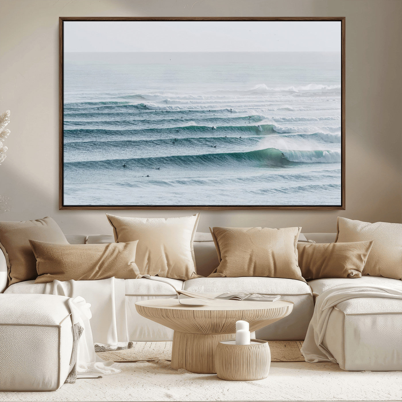 MGV-FC-36X24 - Ocean Waves Wall Art Canvas Print, Framed Surfer Lineup Art Picture Print, Crowded Ocean Perfect Minimal Coastal Decor Artwork