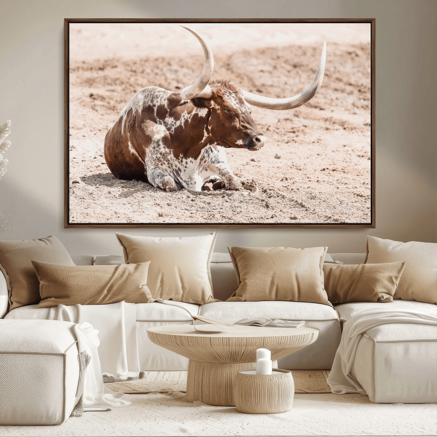 MGV-FC-36X24 - Texas Longhorn Wall Art Canvas Print, Framed Resting Bull Art Picture Print, Spotted Cattle Perfect Rustic Western Decor Artwork