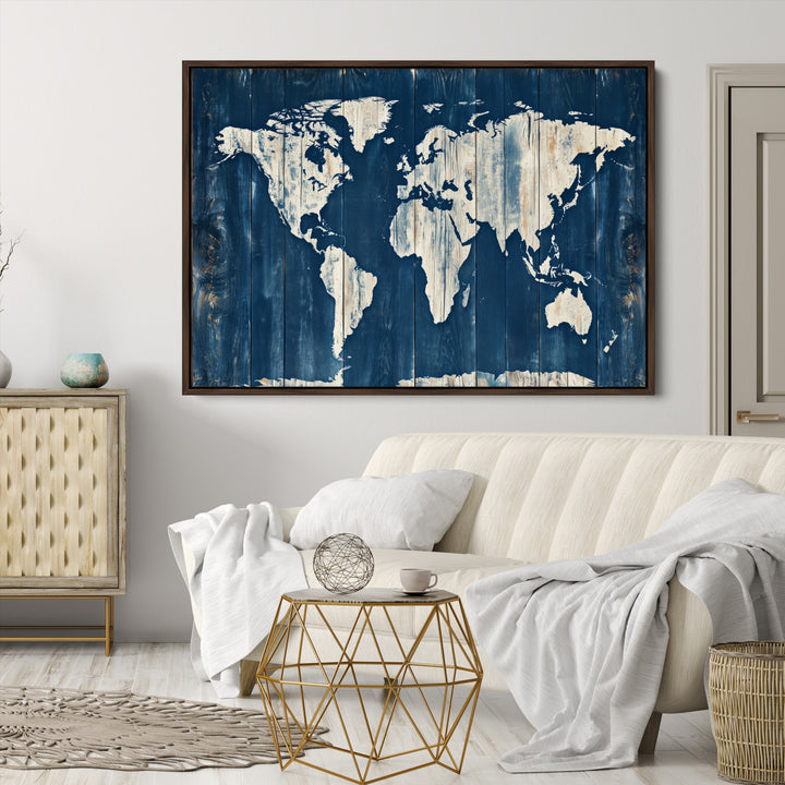 World Map Wall Art Canvas Print, Rustic Map Print, Framed Wooden World Map Art Print, Large Antique Map Decor Printing Perfect for Vintage Decor
