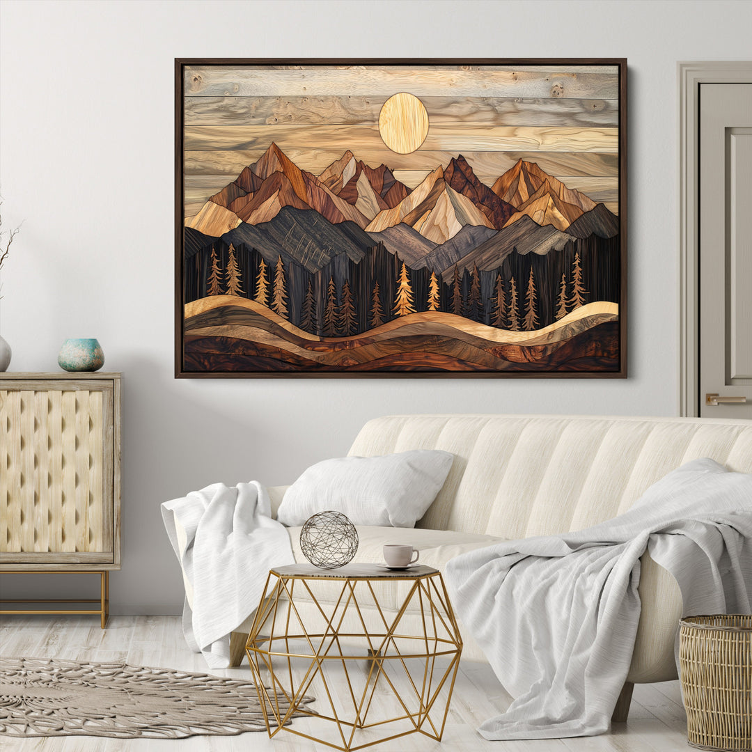 Wood Mountain Wall Art Canvas Print, Framed Boho Wood Art Print, Abstract Woodland Farmhouse Decor