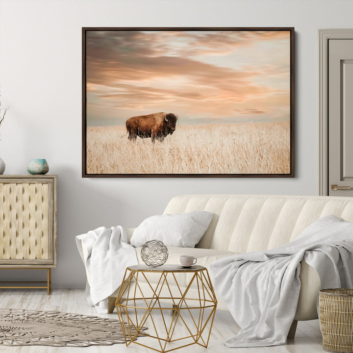 Bison Wall Art Canvas Print, Buffalo Print, Framed Western Prairie Art Print, Large Rustic Wildlife Printing Perfect for Rustic Decor