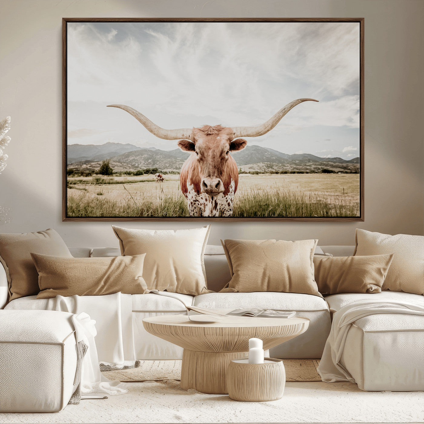 MGV-FC-36X24 - Texas Longhorn Wall Art Canvas Print, Framed Western Cow Art Picture Print, Rustic Farmhouse Perfect Farmhouse Decor Artwork