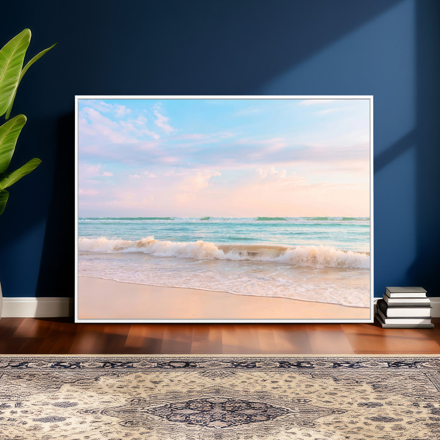 74679437-MGV-CV-36X24 - Serene Waves Wall Art – Golden Shore & Soft Pastel Sky Canvas Print, Gentle Ocean and Peaceful Sunset for Living Room or Office