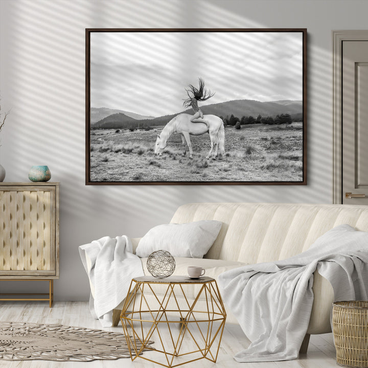 White Horse Wall Art Canvas Print, Woman Rider Print, Framed Equestrian Pose Art Print, Large Grazing Horse Printing Western Boho
