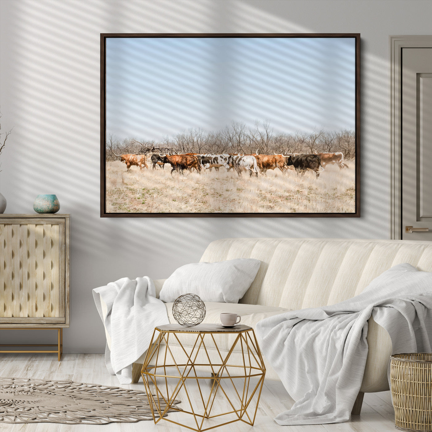 Texas Longhorns Wall Art Canvas Print, Western Cattles Print Wall Art, Framed Rustic Herd Art Print, Large Country Cows Printing Rustic