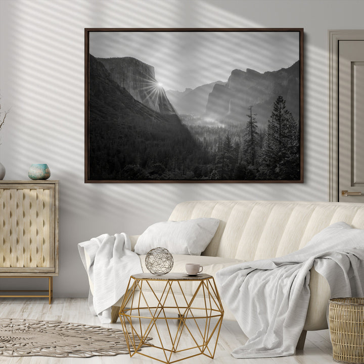 Yosemite Valley Wall Art Canvas Print, Framed El Capitan Sunrise Print, Framed Misty Mountain Art Print, Large Monochrome Valley Printing