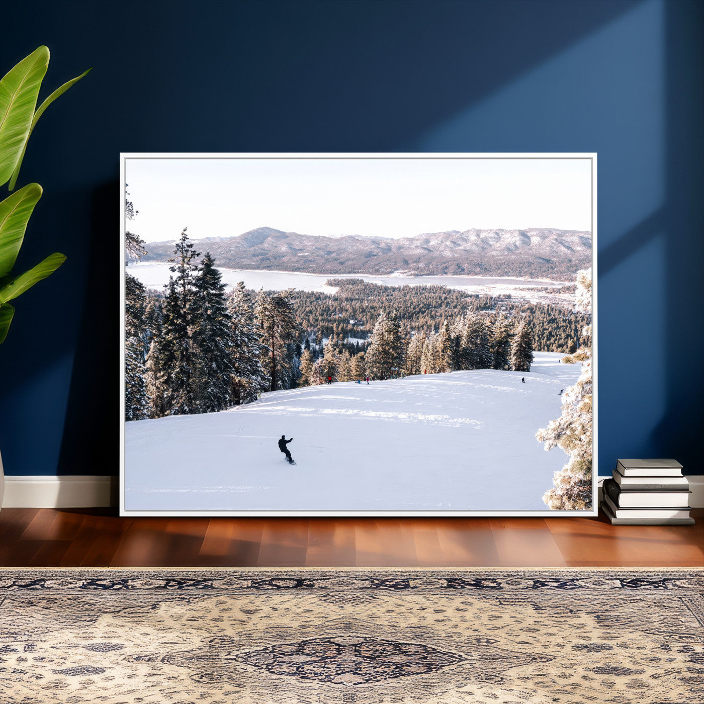 79857868-MGV-CV-36X24 - Snowboarder Wall Art – Winter Slope Canvas Print, Pine Forest, Snow-Covered Mountains, Outdoor Adventure for Living Room or Cabin Decor