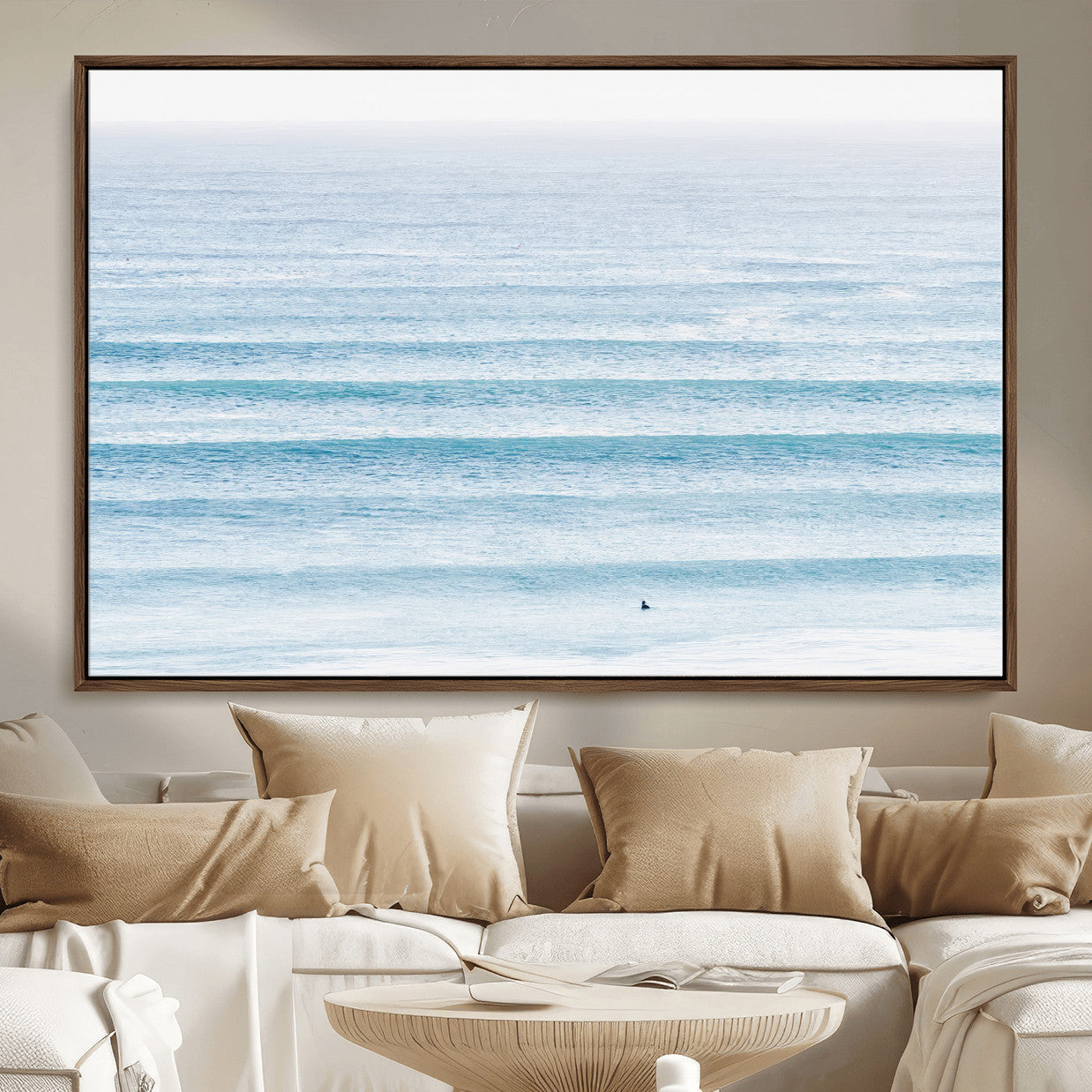 77145995-MGV-FC-36X24_Walnut-Ocean Wave Surfer Wall Art – Framed Minimal Seascape Canvas Artwork, Calm Blue Water Design, Coastal Decor for Home, Office