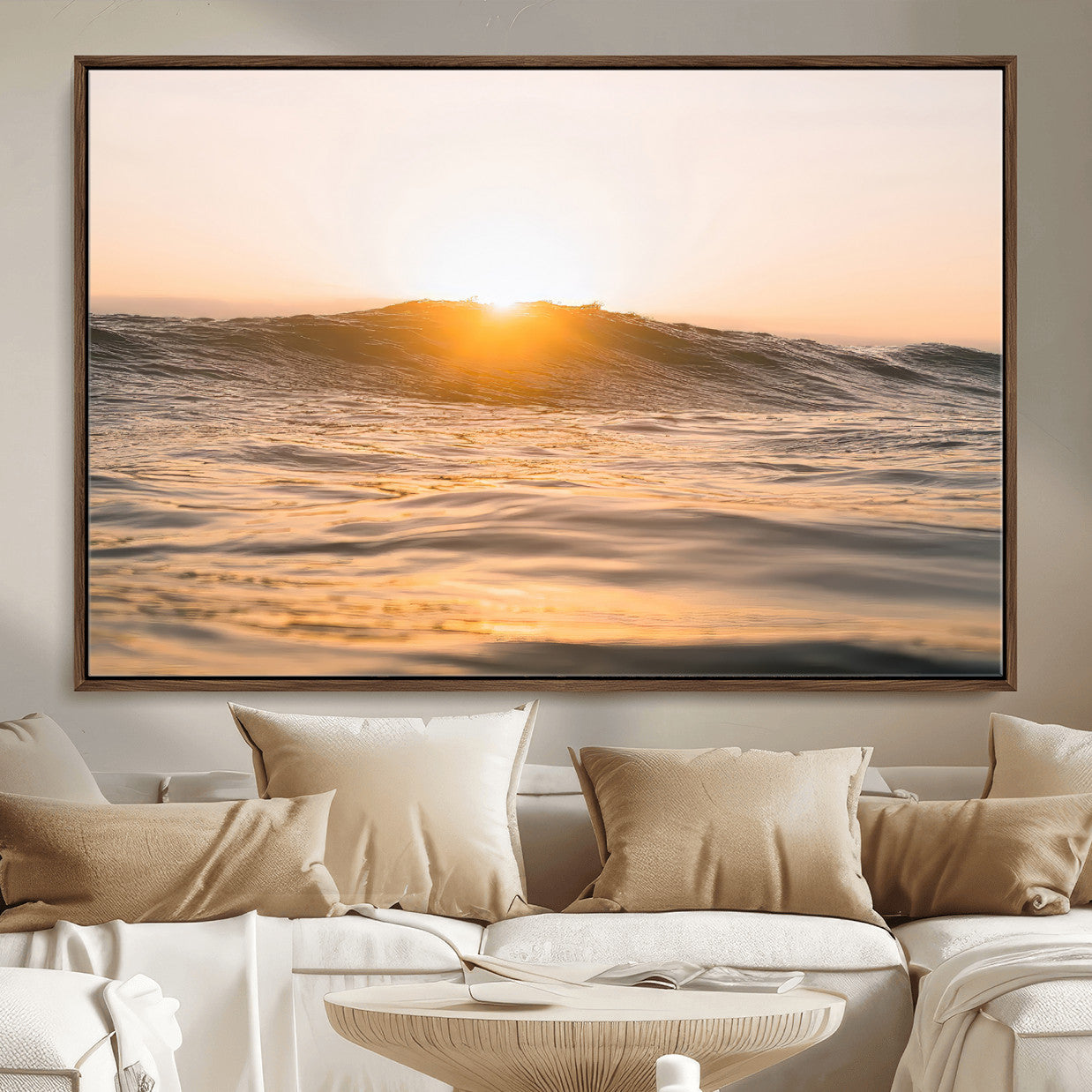 16973771-MGV-FC-36X24_Walnut-Calm Water Wall Art – Framed Sunset Waves Canvas Artwork, Coastal Warm Design, Minimal Ocean Decor for Home, Office