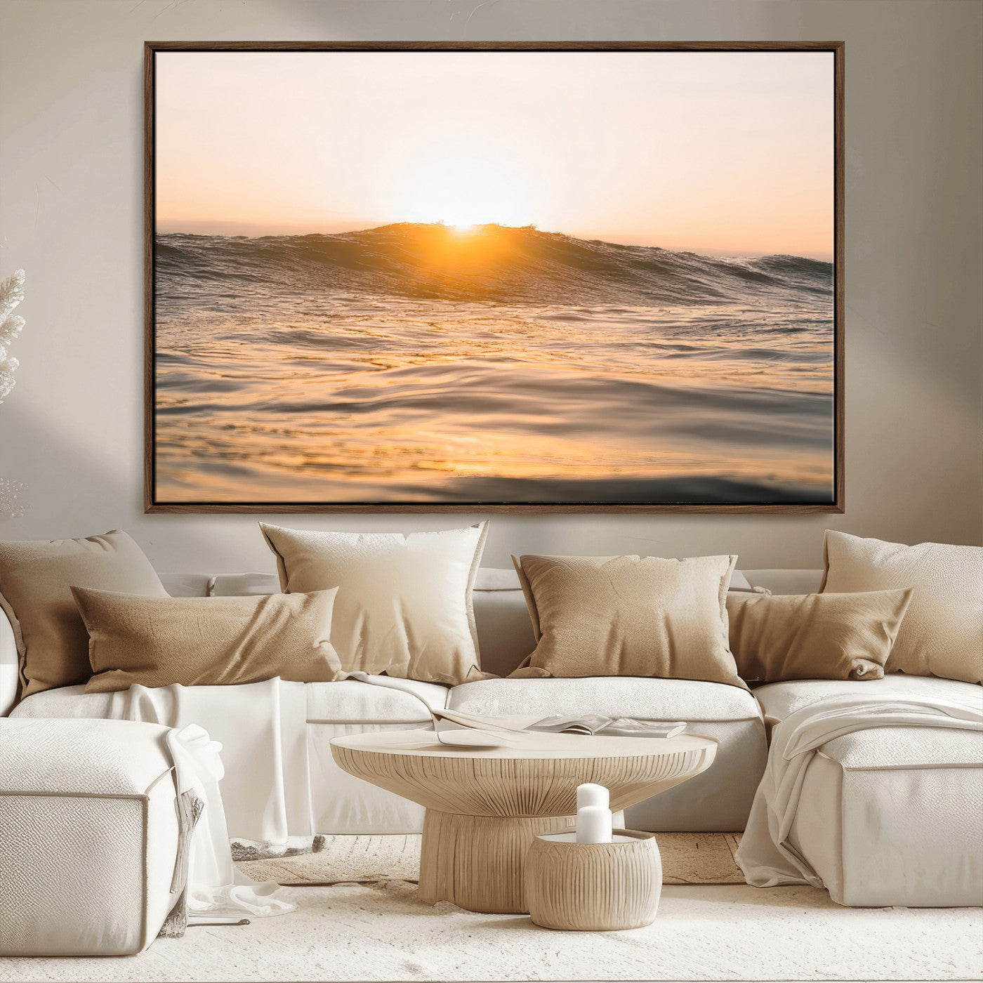 MGV-FC-36X24 - Calm Water Wall Art Canvas Print, Framed Sunset Waves Art Picture Print, Coastal Warmth Perfect Warm Minimalist Decor Artwork