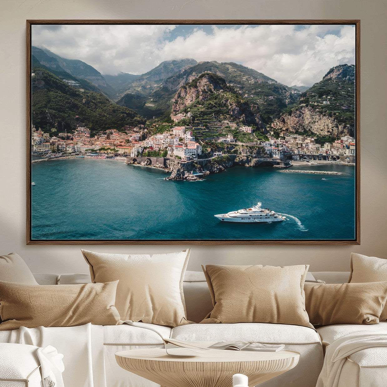 20321590-MGV-FC-36X24_Walnut-Amalfi Coast Wall Art – Framed Italian Seaside Canvas Artwork, Mediterranean Landscape Design, Coastal Decor for Home, Office