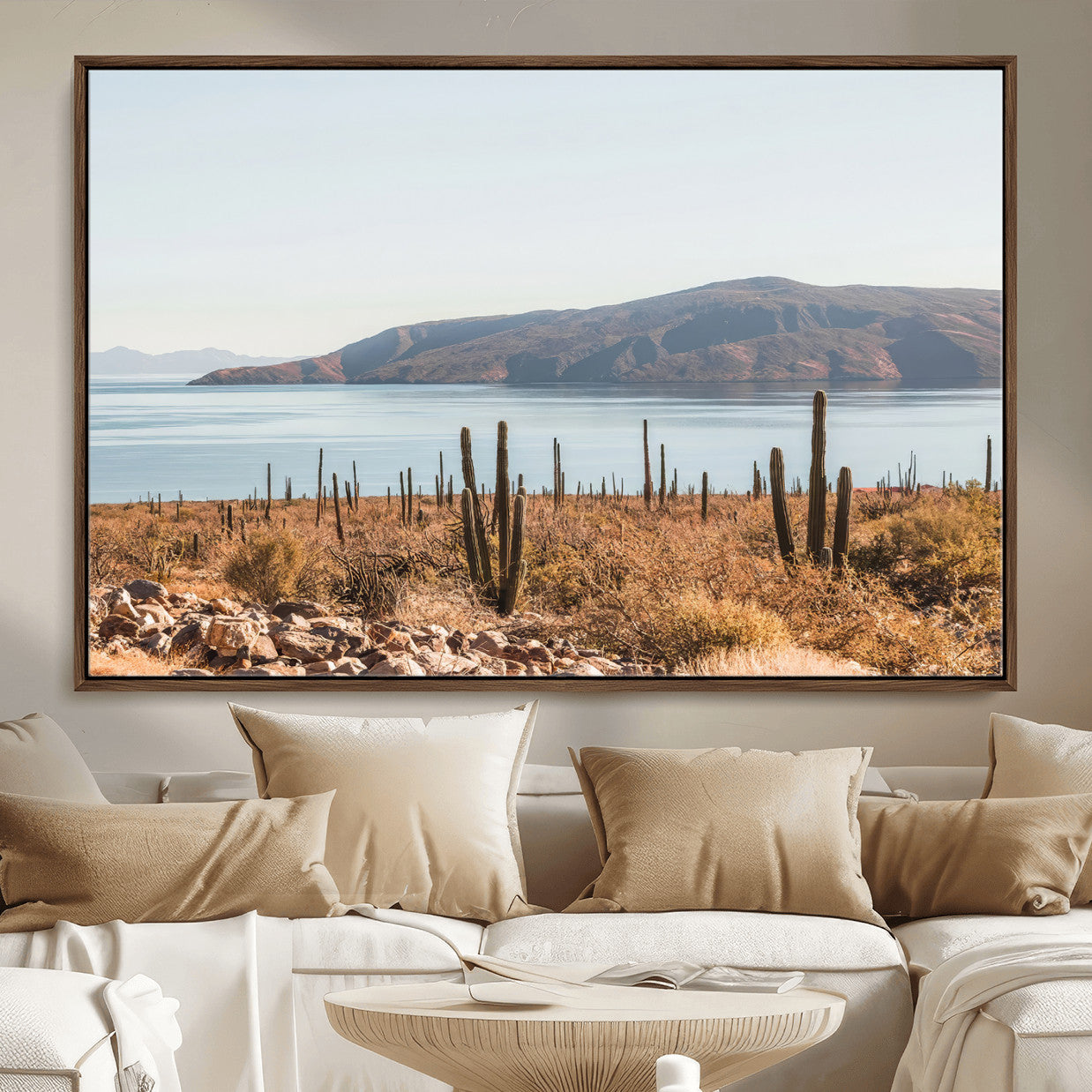 MGV-FC-36X24 - Desert Cactus Wall Art Canvas Print, Framed Baja Coastline Art Picture Print, Coastal Desert Perfect Southwestern Minimalist Decor Artwork