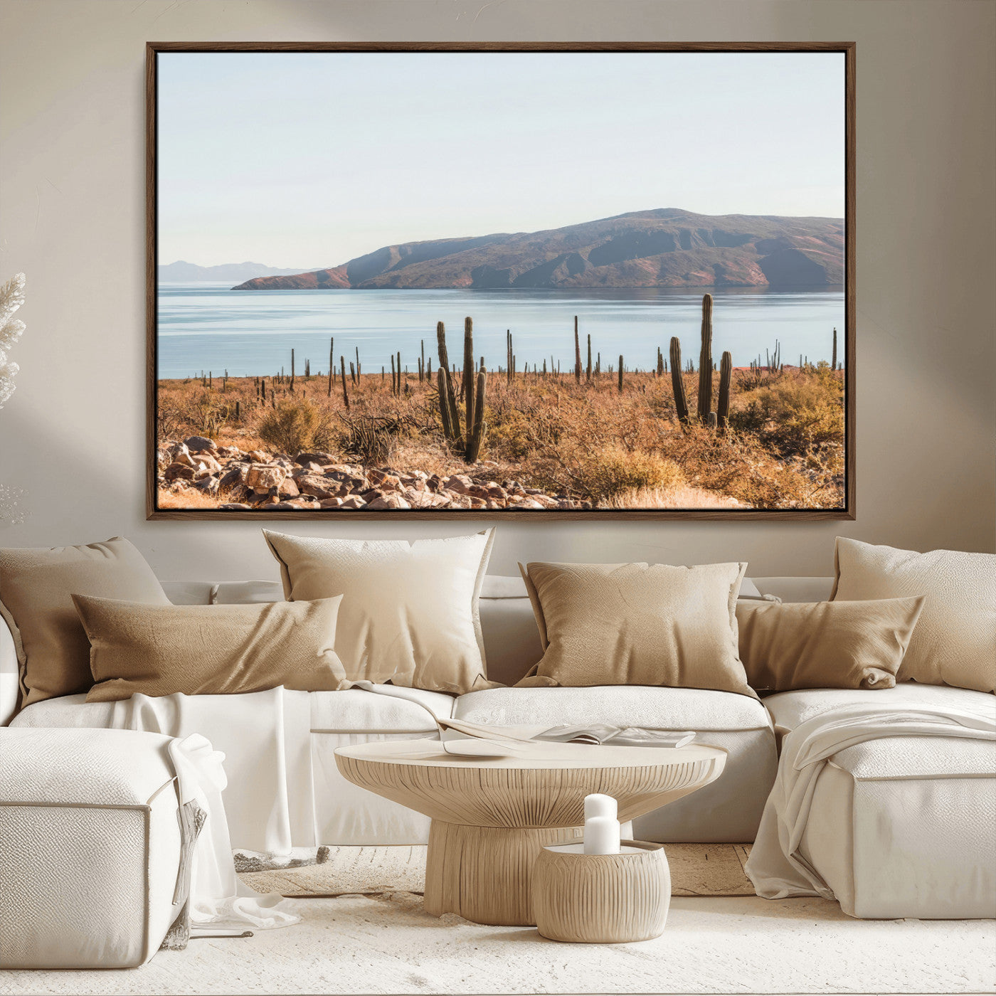 MGV-FC-36X24 - Desert Cactus Wall Art Canvas Print, Framed Baja Coastline Art Picture Print, Coastal Desert Perfect Southwestern Minimalist Decor Artwork