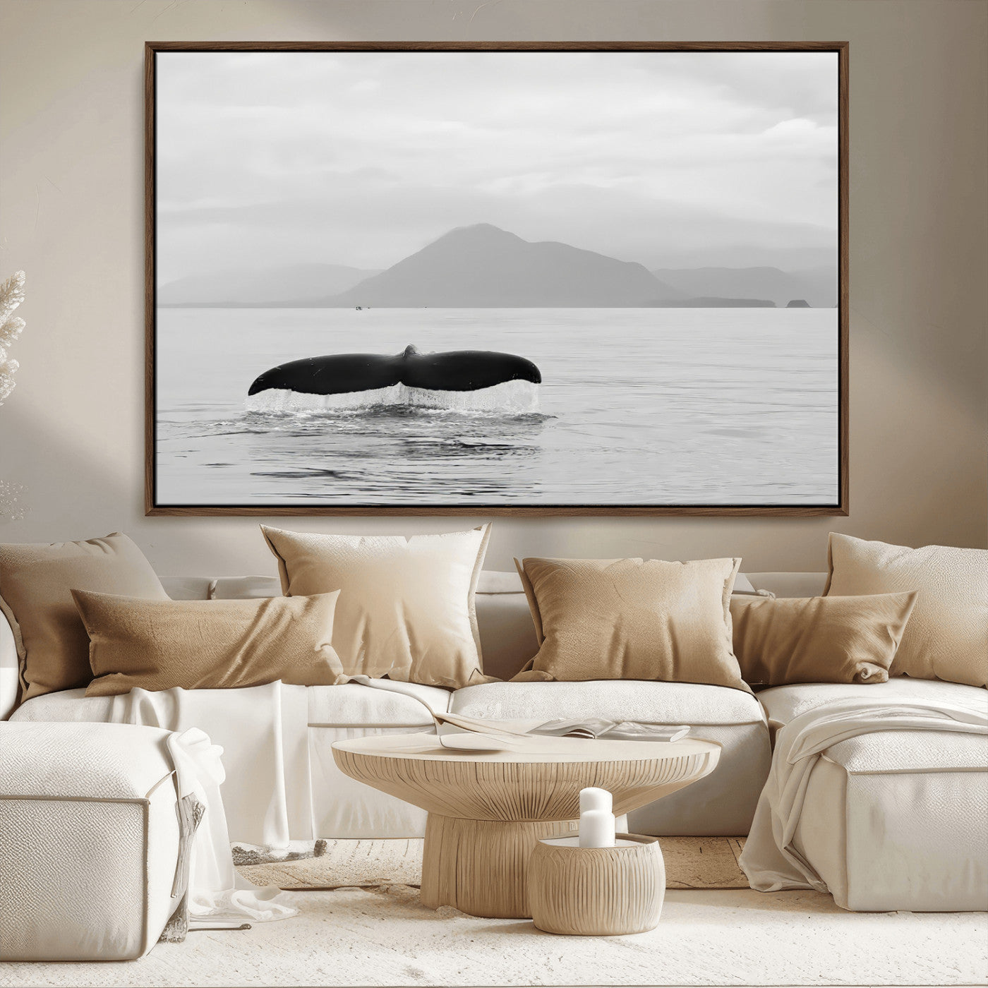 MGV-FC-36X24 - Whale Tail Wall Art Canvas Print, Framed Black White Ocean Art Picture Print, Calm Marine Perfect Minimalist Coastal Decor Artwork
