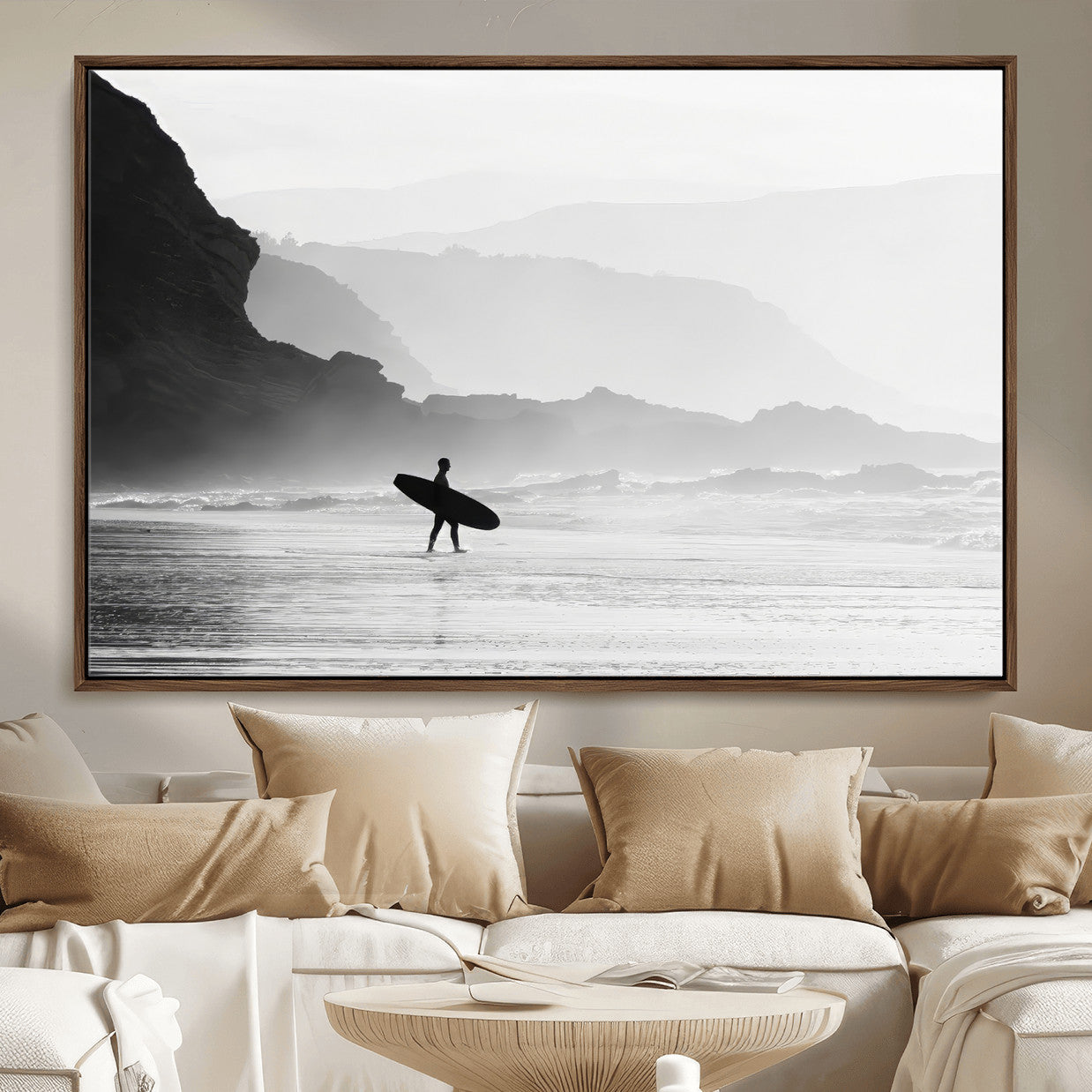 MGV-FC-36X24 - Surfer In Fog Wall Art Canvas Print, Framed Moody Shoreline Art Picture Print, Cliffside Waves Perfect Minimalist Coastal Decor Artwork