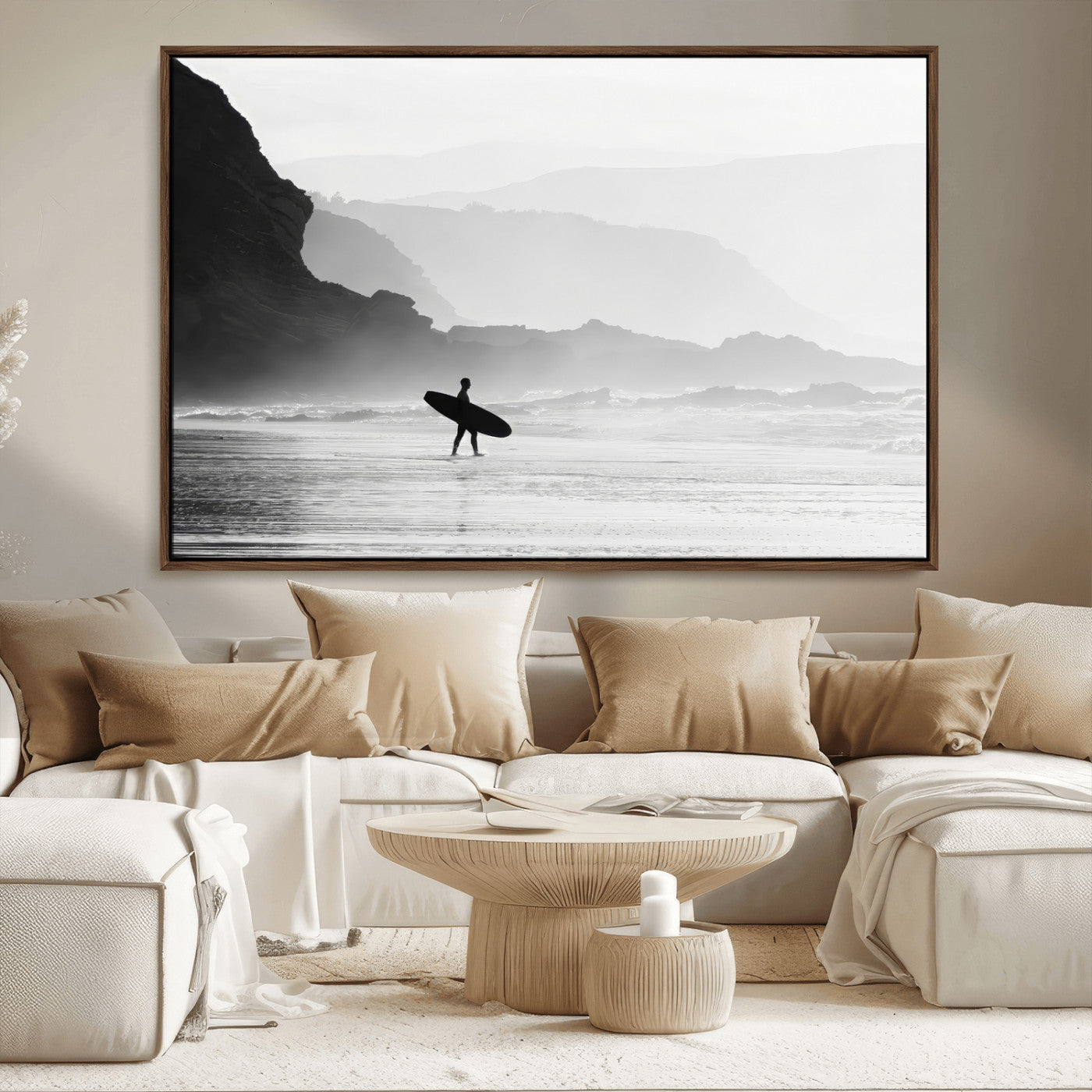 MGV-FC-36X24 - Surfer In Fog Wall Art Canvas Print, Framed Moody Shoreline Art Picture Print, Cliffside Waves Perfect Minimalist Coastal Decor Artwork