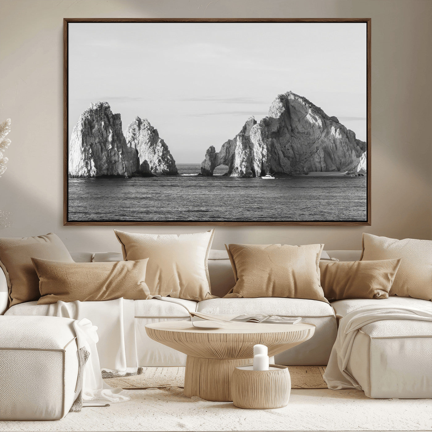 MGV-FC-36X24 - Rugged Coastline Wall Art Canvas Print, Framed Ocean Cliffs Art Picture Print, Monochrome Seascape Perfect Coastal Minimalist Decor Artwork