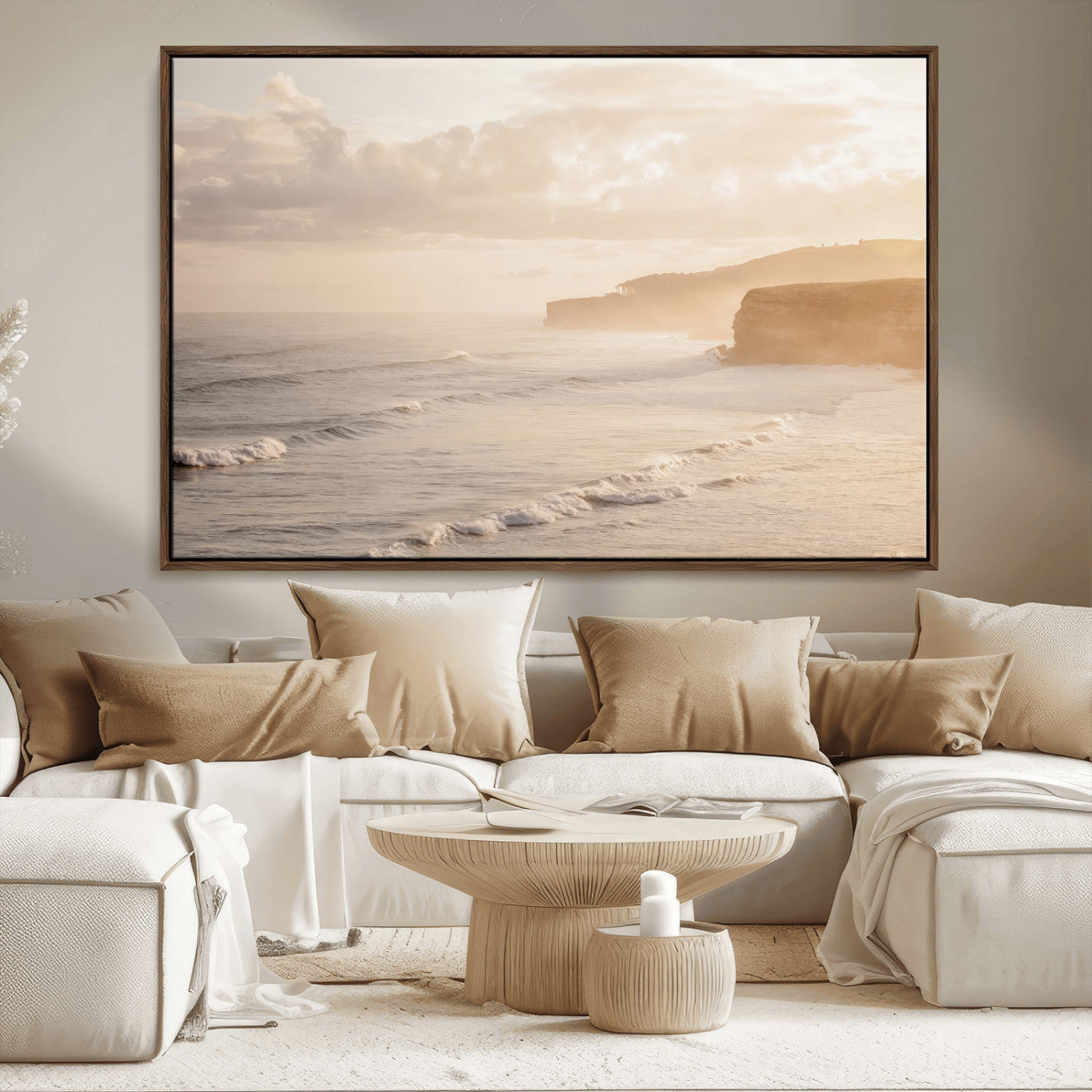 MGV-FC-36X24 - Misty Coastal Wall Art Canvas Print, Framed Golden Sunset Art Picture Print, Serene Shoreline Perfect Tranquil Coastal Decor Artwork