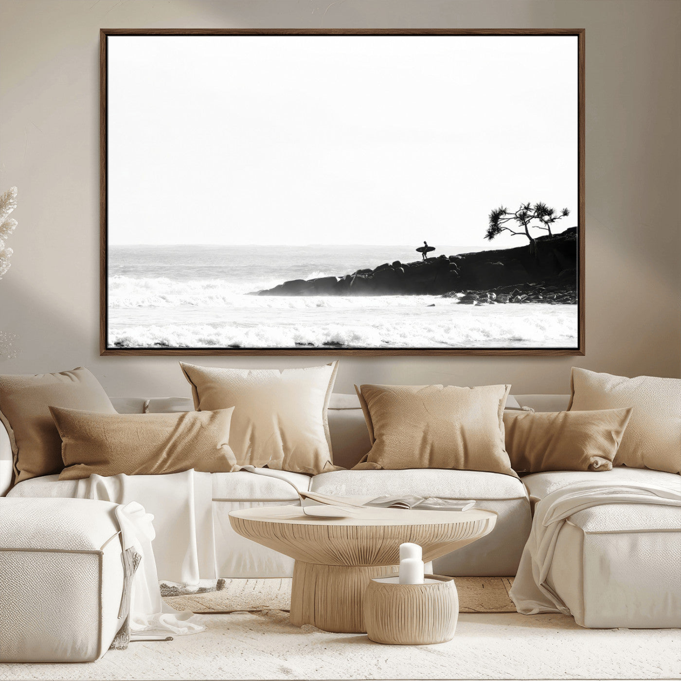 MGV-FC-36X24 - SurferCliffs Wall Art Canvas Print, Framed Black White Beach Art Picture Print, Ocean Waves Perfect Minimalist Coastal Decor Artwork