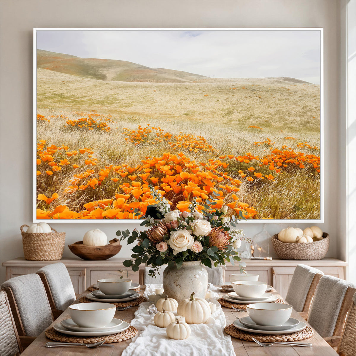 28972262-_Poster-30x20 - Golden Wildflowers Wall Art Canvas Print, Framed Hills and Poppy Meadow Scene
