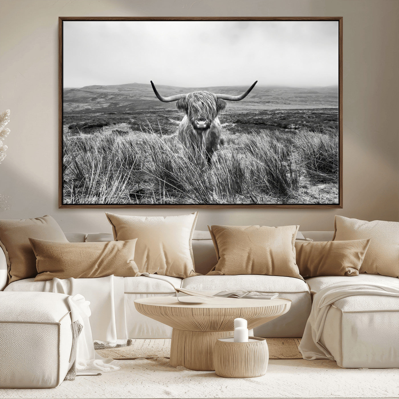 A black and white portrait of a Highland cow in a foggy Scottish countryside, capturing a rustic aesthetic and tranquil farm escape.