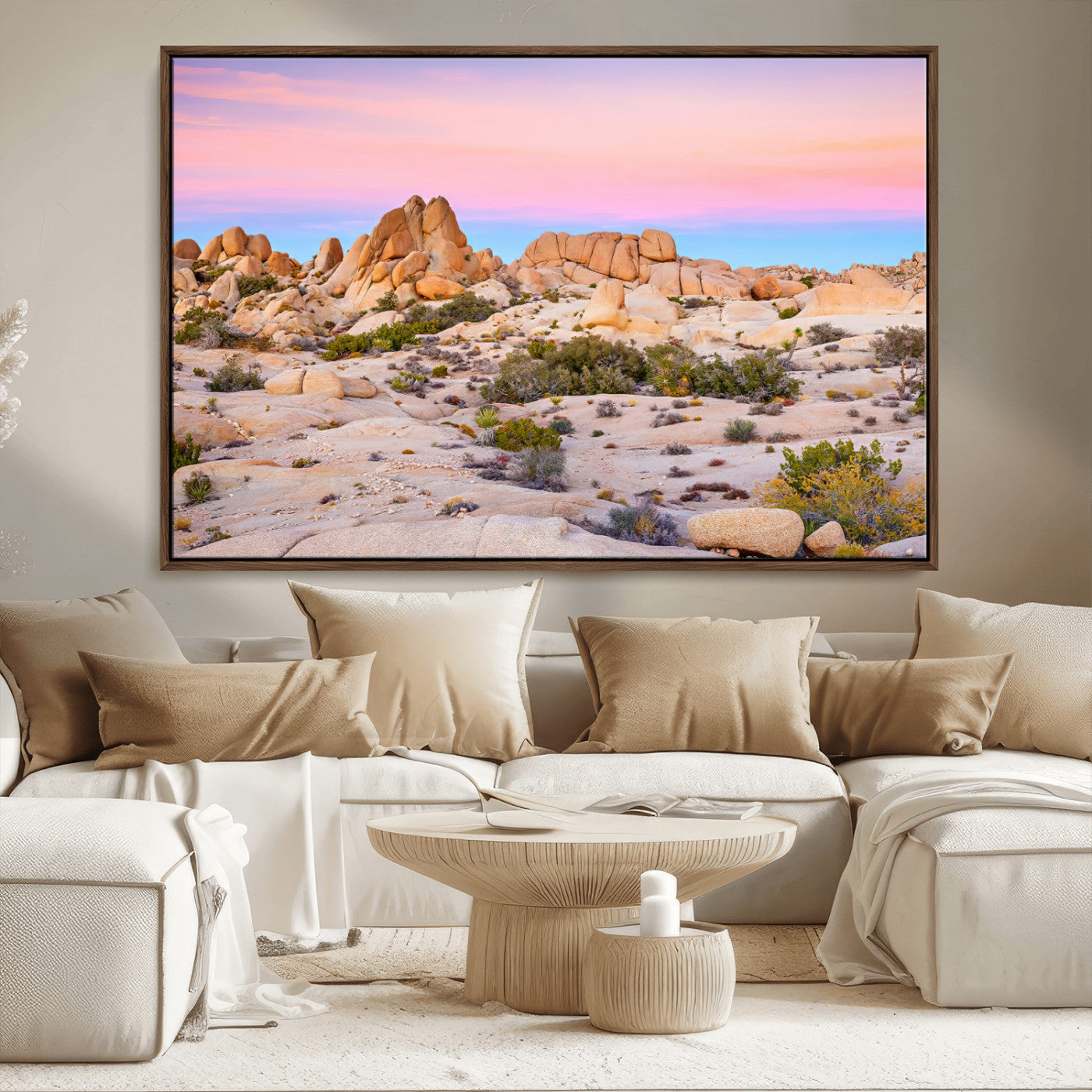 A breathtaking desert landscape featuring rugged rock formations under a vibrant pastel sunset sky, capturing the warmth and serenity of a Southwestern wilderness.