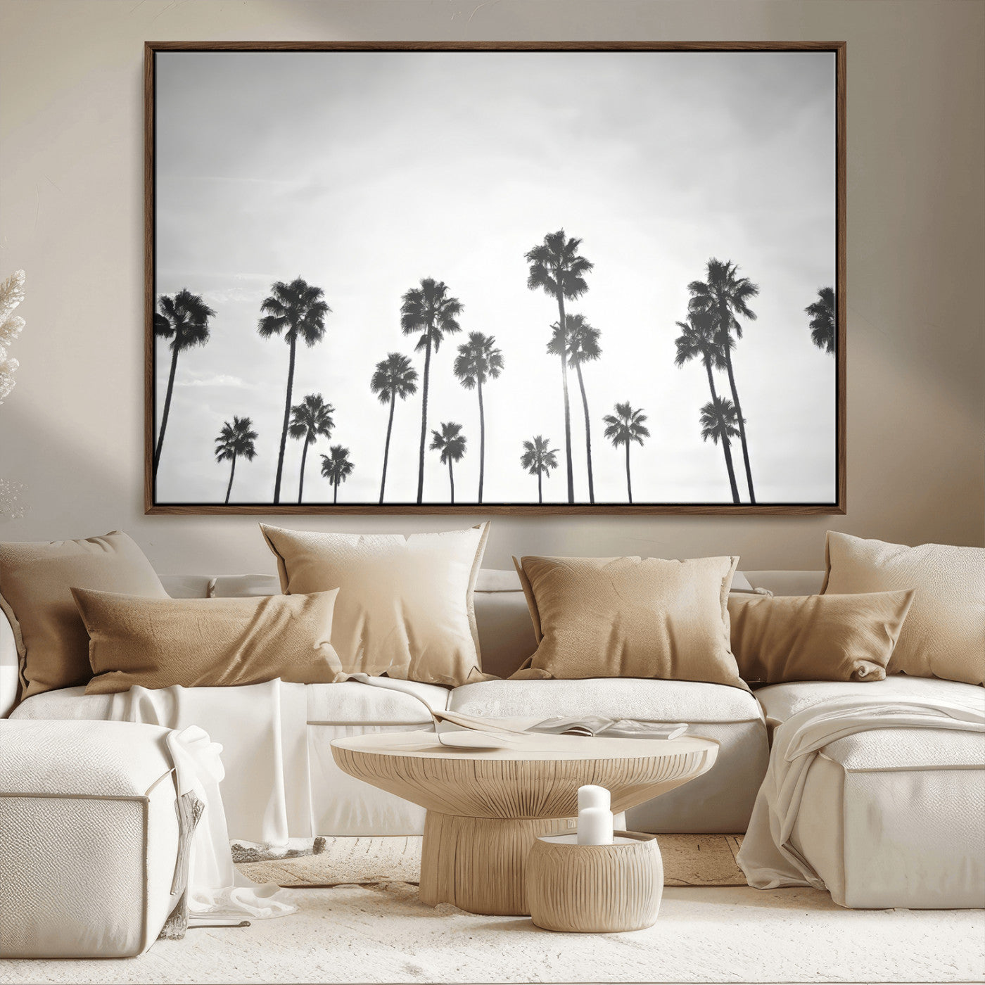 62298277-MGV-FC-36X24_Walnut-Monochrome Palms Wall Art Canvas Print – Framed Minimalist Silhouetted Trees Artwork for Home, Office, Living Room