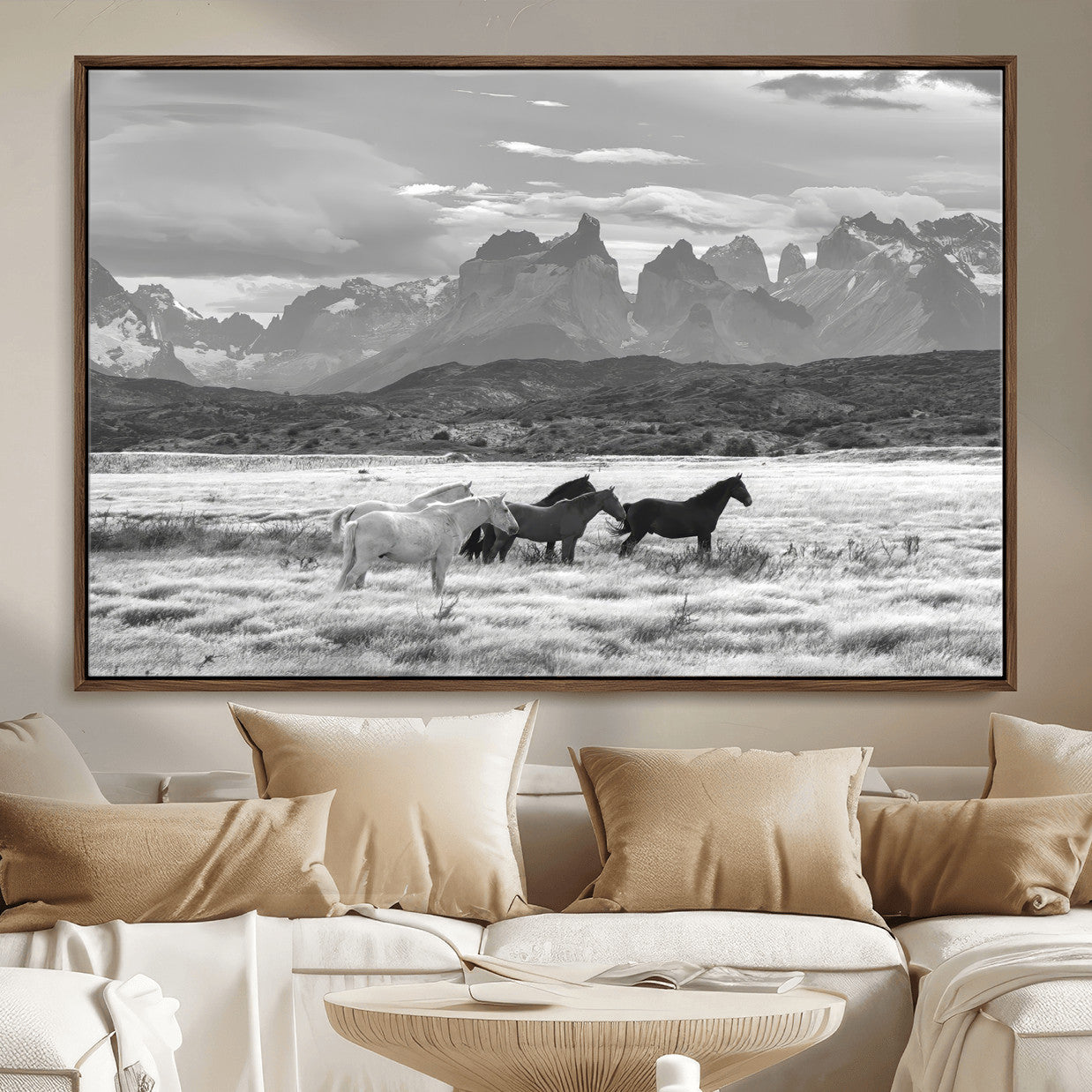 MGV-FC-36X24 - Wild Horses Wall Art Canvas Print, Framed Black White Mountains Art Picture Print, Rustic Countryside Perfect Rustic Western Decor Artwork