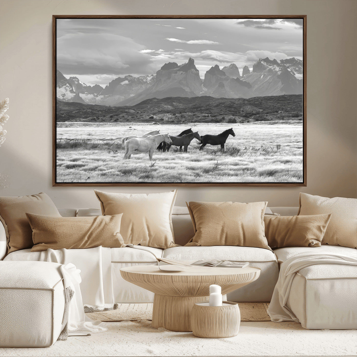 MGV-FC-36X24 - Wild Horses Wall Art Canvas Print, Framed Black White Mountains Art Picture Print, Rustic Countryside Perfect Rustic Western Decor Artwork
