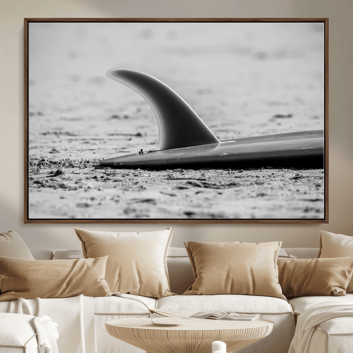 MGV-FC-36X24 - Black White Surfboard Wall Art Canvas Print, Framed Minimalist Beach Art Picture Print, Surf Fin Perfect Minimalist Coastal Decor Artwork