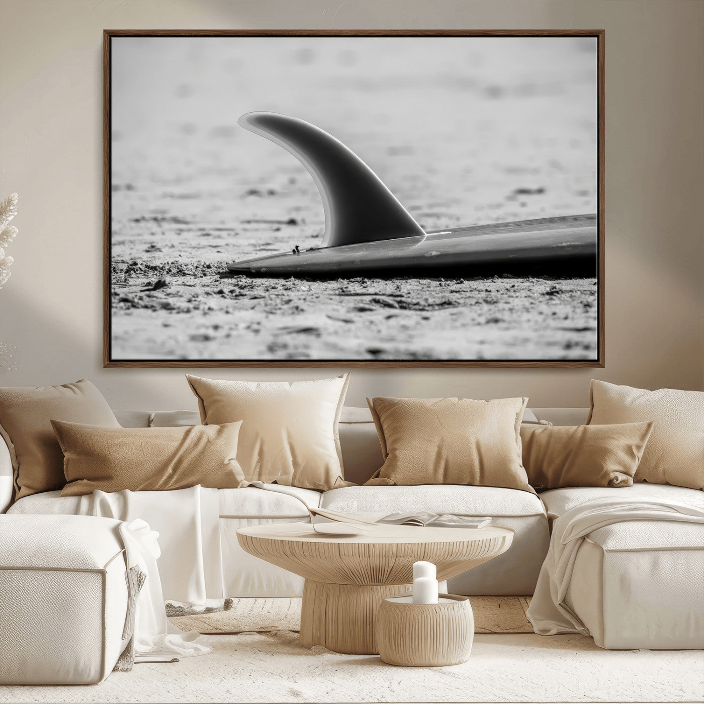 MGV-FC-36X24 - Black White Surfboard Wall Art Canvas Print, Framed Minimalist Beach Art Picture Print, Surf Fin Perfect Minimalist Coastal Decor Artwork