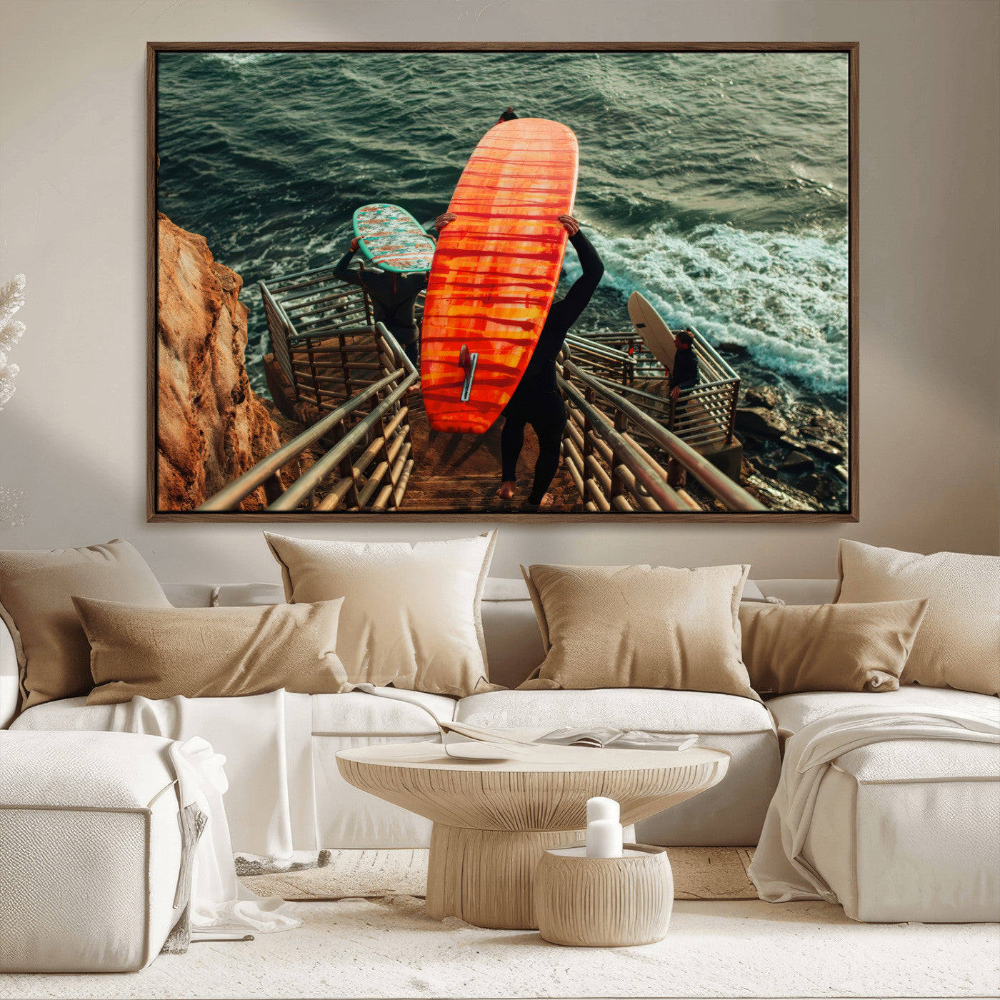 MGV-FC-36X24 - Surfer Stairway Wall Art Canvas Print, Framed Ocean Surf Art Picture Print, Sunset Coastal Perfect Coastal Adventure Decor Artwork