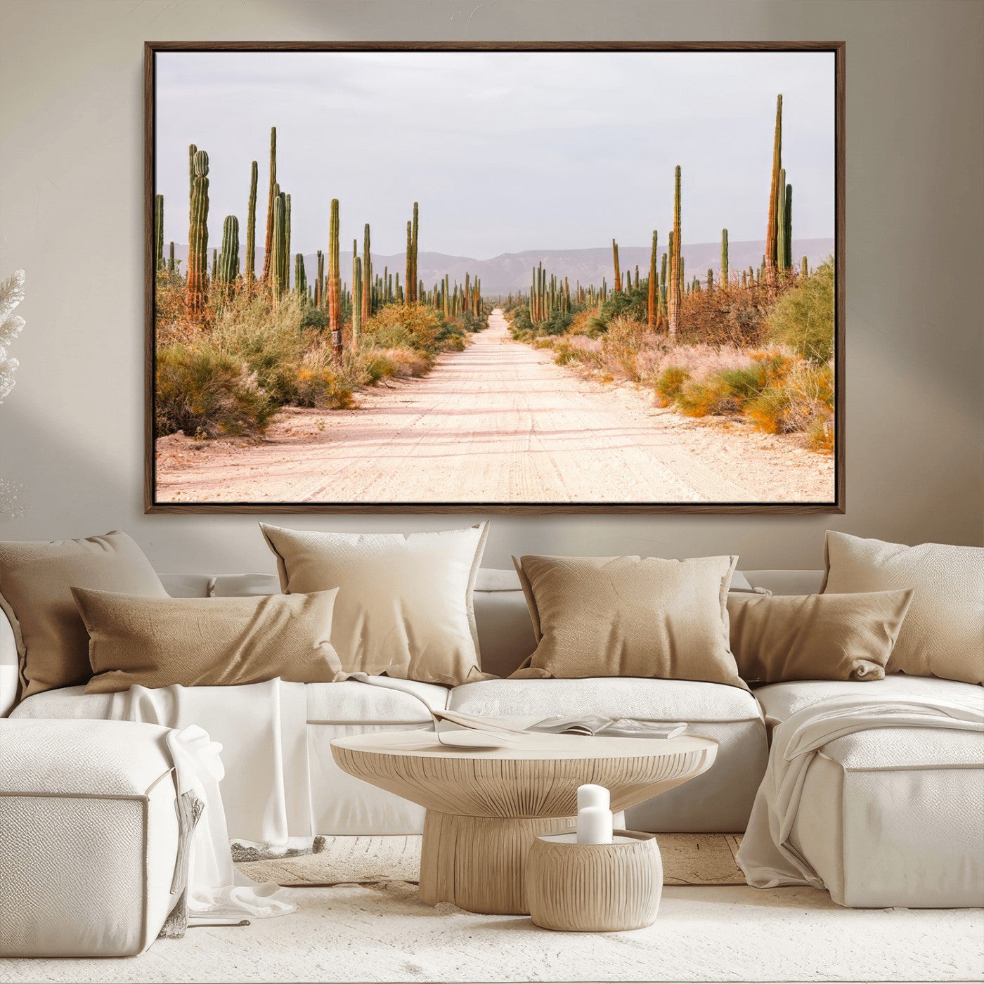 MGV-FC-36X24 - Desert Cactus Lined Road Wall Art Canvas Print, Framed Southwestern Landscape Art Picture Print, Bohemian Western Aesthetic Perfect Southwestern Boho Decor Artwork