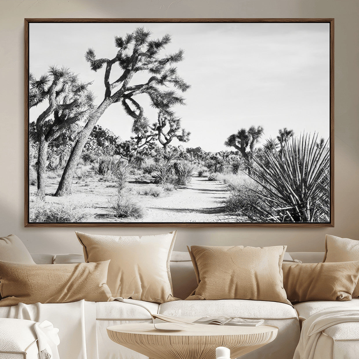 88164251-MGV-FC-36X24_Walnut-Joshua Tree Desert Wall Art – Black & White Canvas Print, Nature Serenity Decor for Guest Room, Office or Living Room
