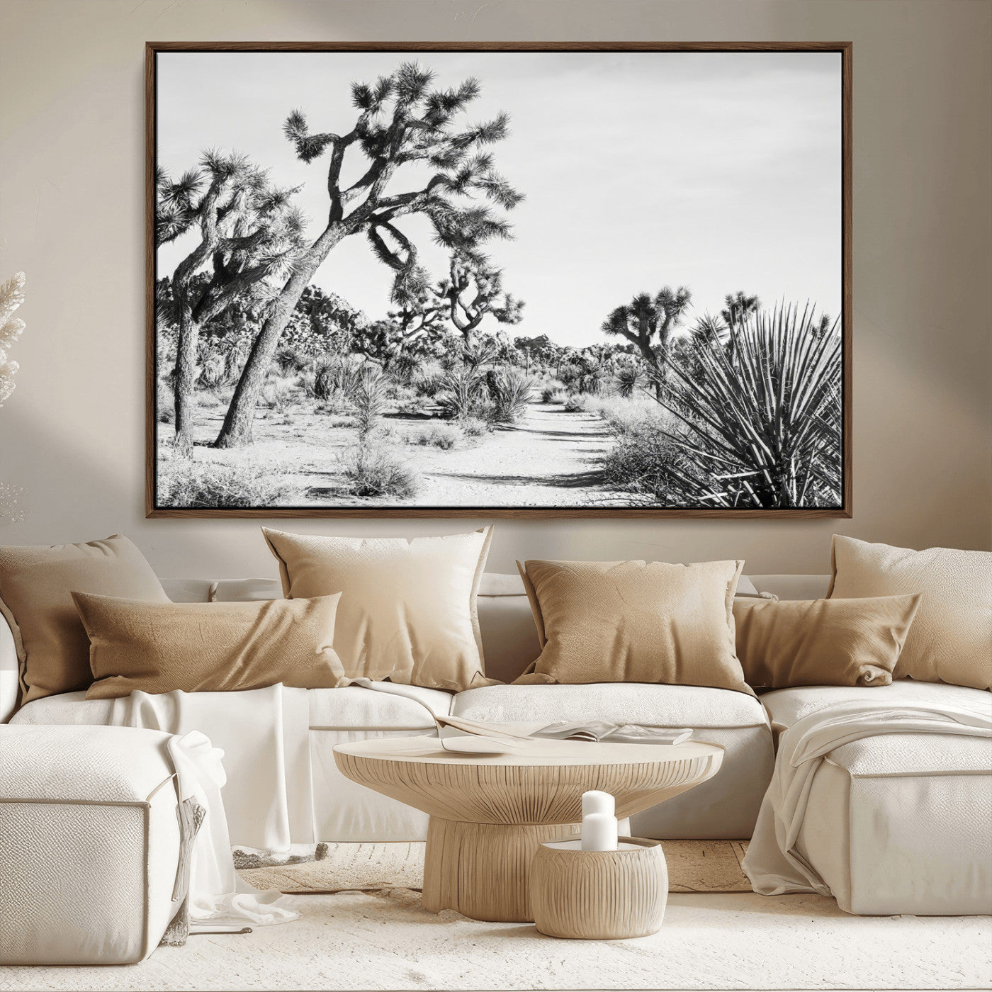 MGV-FC-36X24 - Joshua Tree Wall Art Canvas Print, Framed Desert Path Art Picture Print, Monochrome Desert Perfect Minimalist Desert Decor Artwork