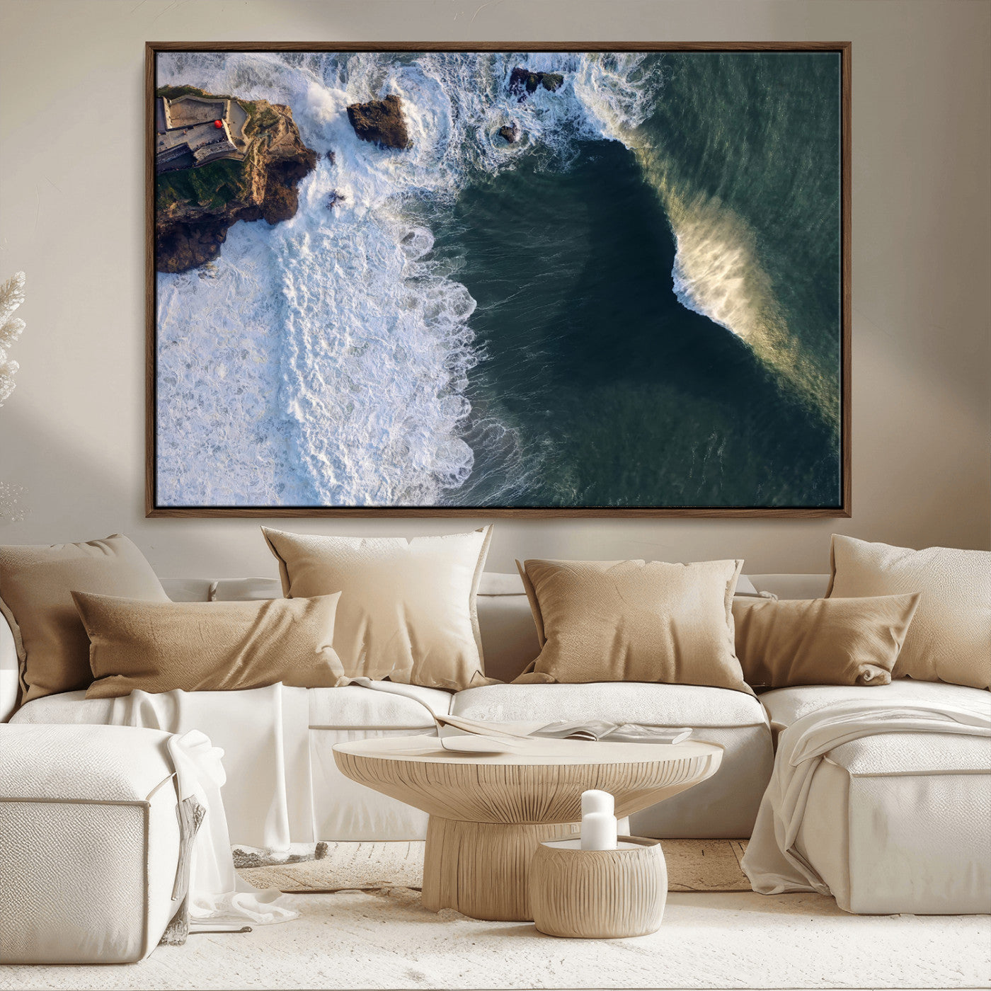 MGV-FC-36X24 - Nazaré Coast Wall Art Canvas Print, Framed Aerial Ocean Art Picture Print, Coastal Fortress Perfect Dramatic Coastal Decor Artwork