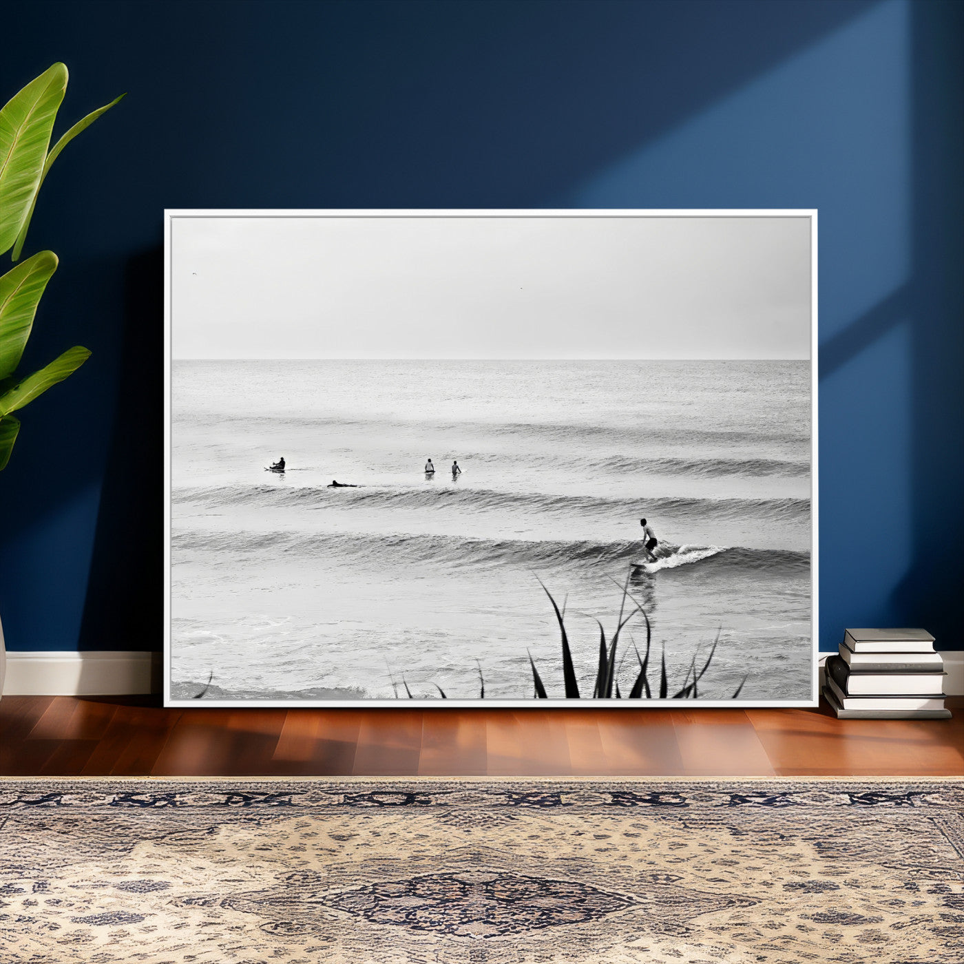 33821421-MGV-CV-36X24 - Surfer Silhouette Wall Art Canvas Print, Framed Calm Ocean Art Picture Print, Monochrome Surf Minimalist Coastal Decor Artwor