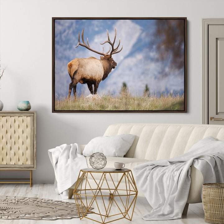 Rustic Elk Wall Art Canvas Print, Wildlife Antler Print, Framed Western Hunting Lodge Art Print