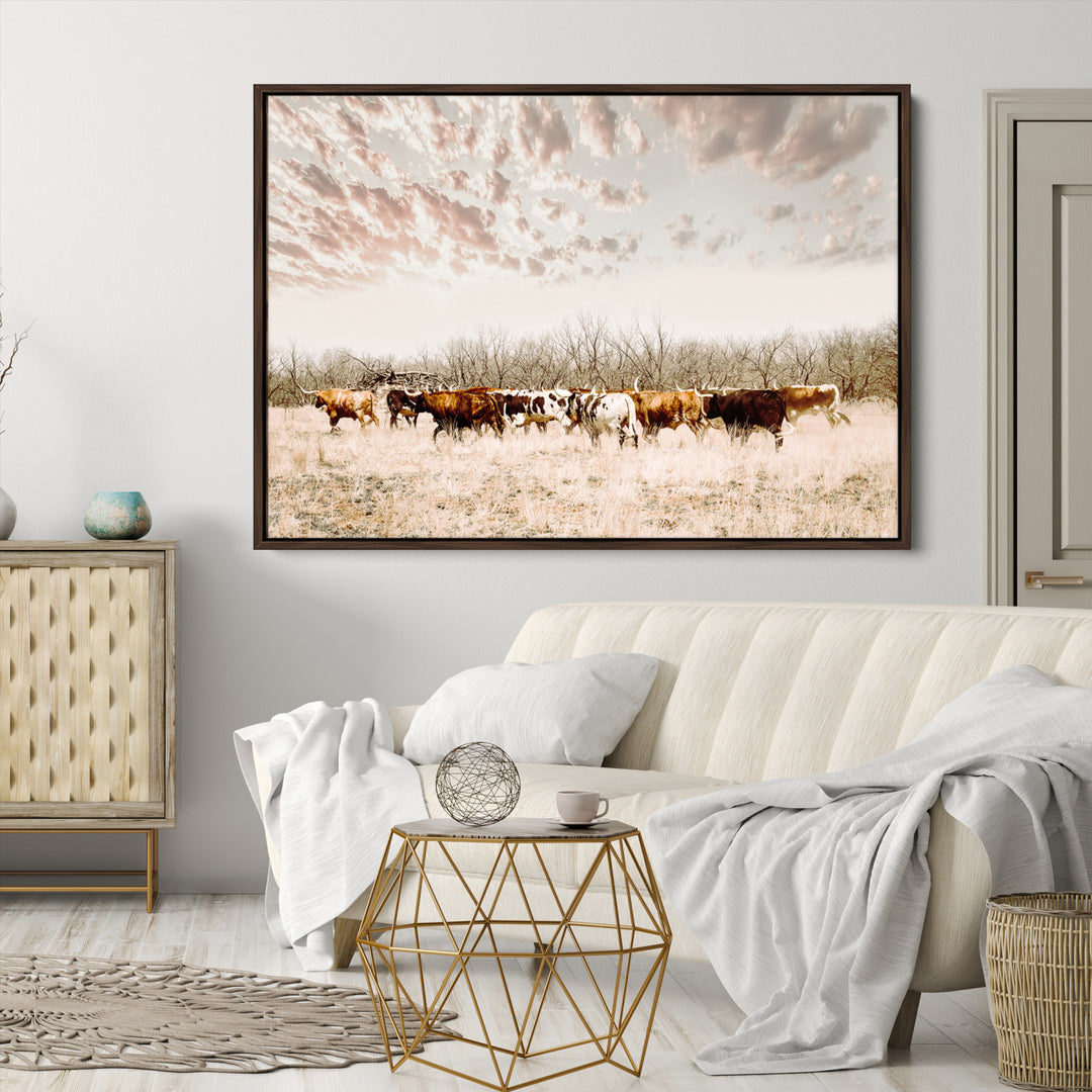 Longhorn Cattle Wall Art Canvas Print, Texas Ranch Print, Framed Western Cow Art Print, Large Prairie Landscape Printing Perfect for Western Decor