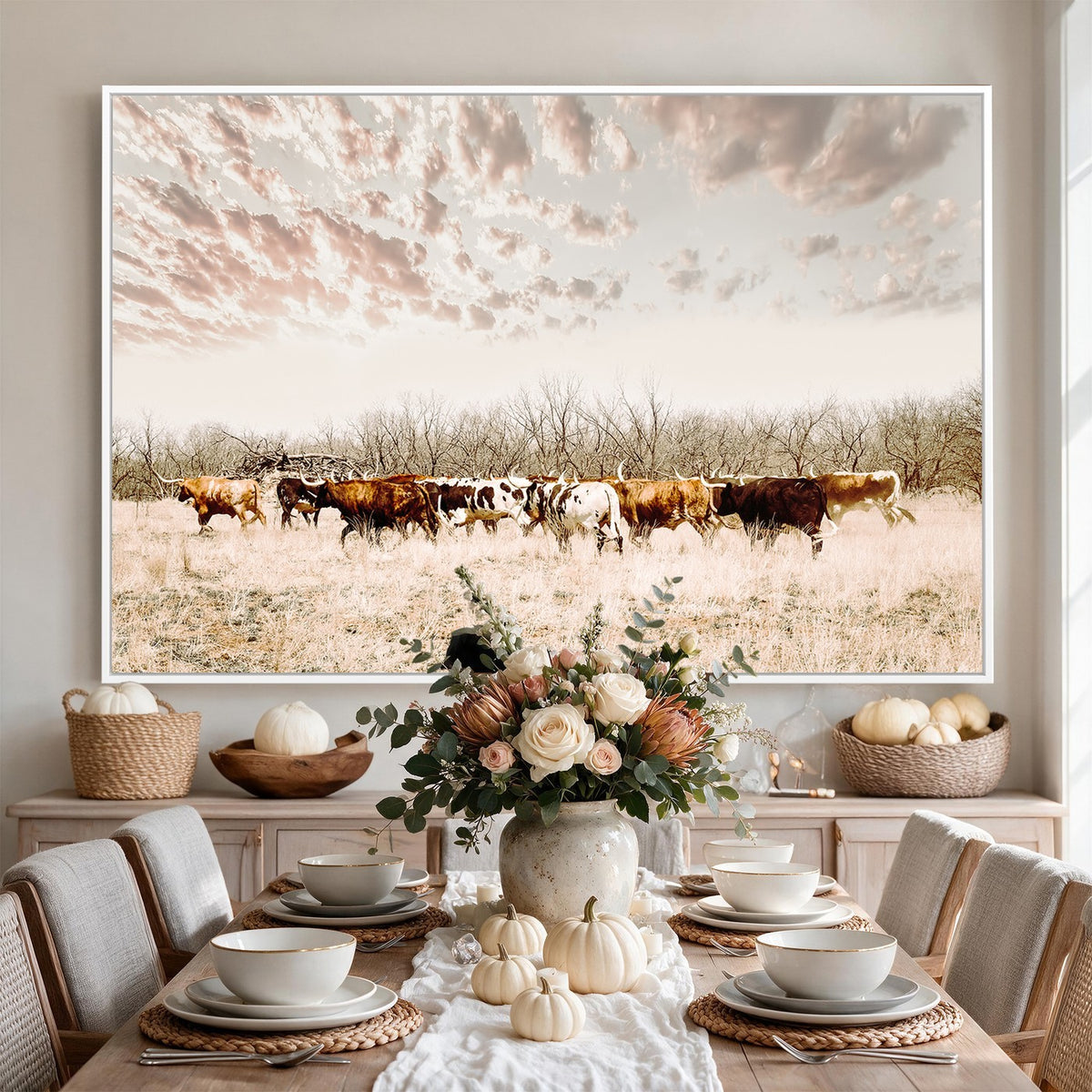 64892775-MGV-CV-24X16 - Longhorn Cattle Wall Art Canvas Print, Framed Texas Ranch Art, Western Cow Print, Prairie Landscape Decor