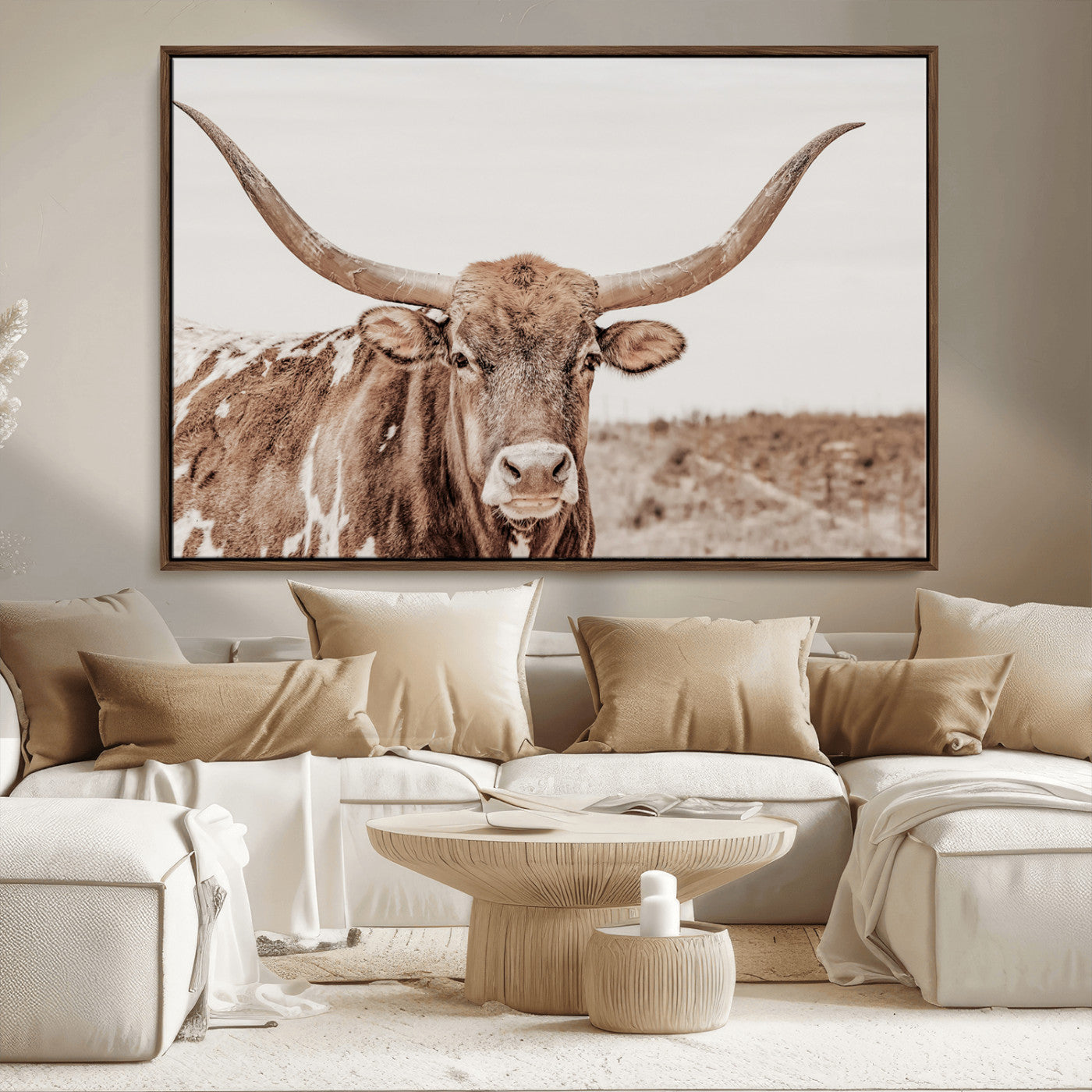 MGV-FC-36X24 - Longhorn Cow Wall Art Canvas Print, Framed Texas Ranch Art Picture Print, Western Bull Perfect County Decor Artwork