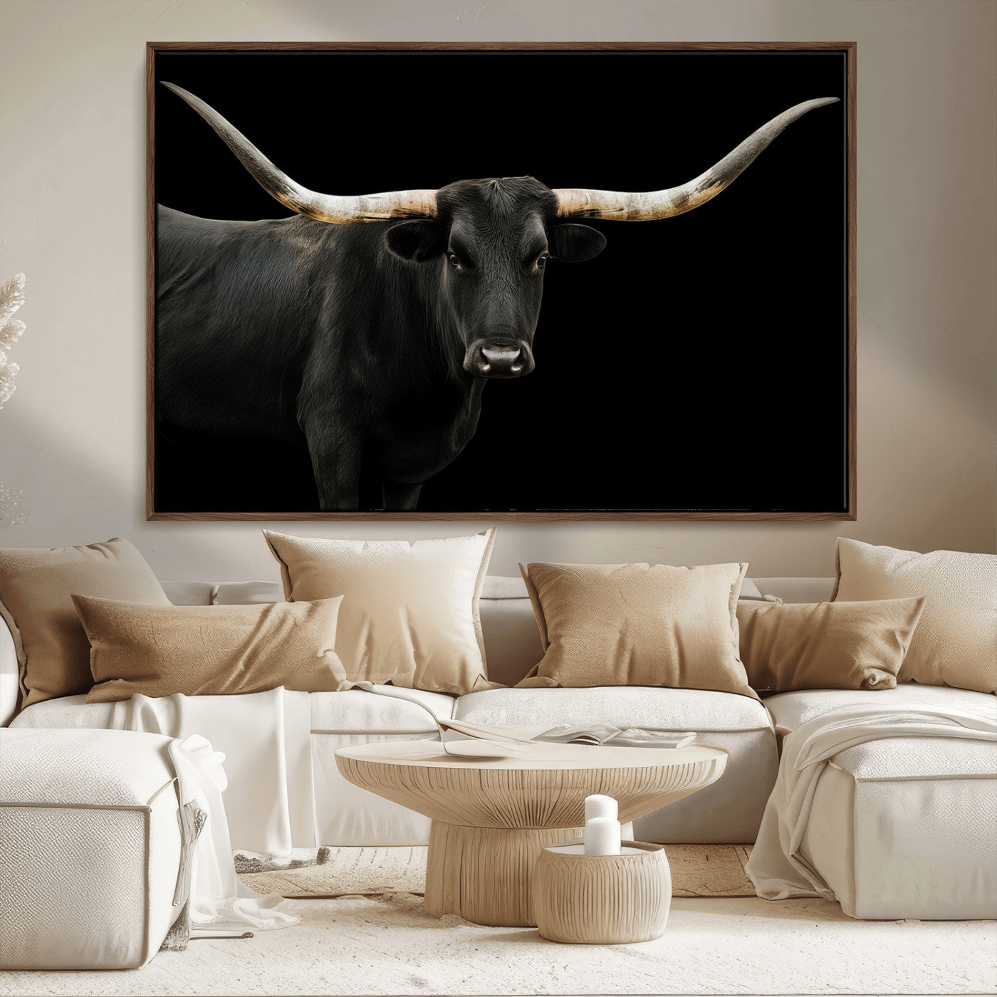 MGV-FC-36X24 - Longhorn Cattle Wall Art Canvas Print, Framed Texas Ranch Art Picture Print, Western Cow Perfect Farmhouse Decor Artwork
