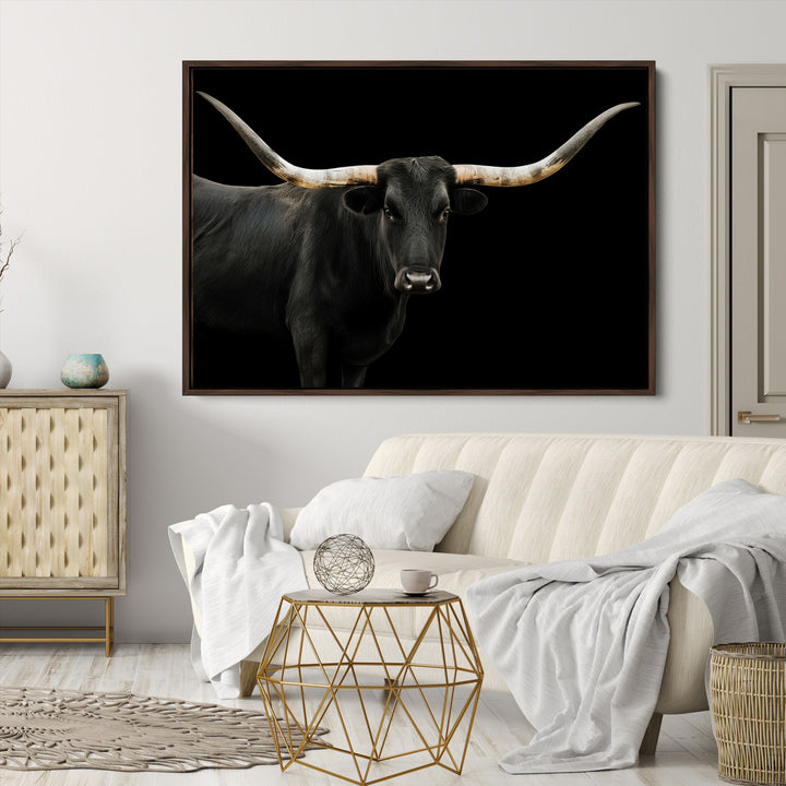 Black White Longhorn Bull Wall Art Canvas Print, Texas Ranch Print, Framed Western Cow Art Print for Farmhouse Decor - Longhorn Print