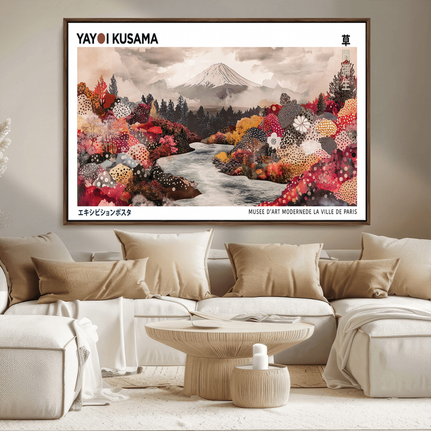 MGV-FC-36X24 - Modern Japanese Wall Art Print, Yayoi Kusama Canvas Wall Art, Abstract Mount Fuji Art Canvas Print,